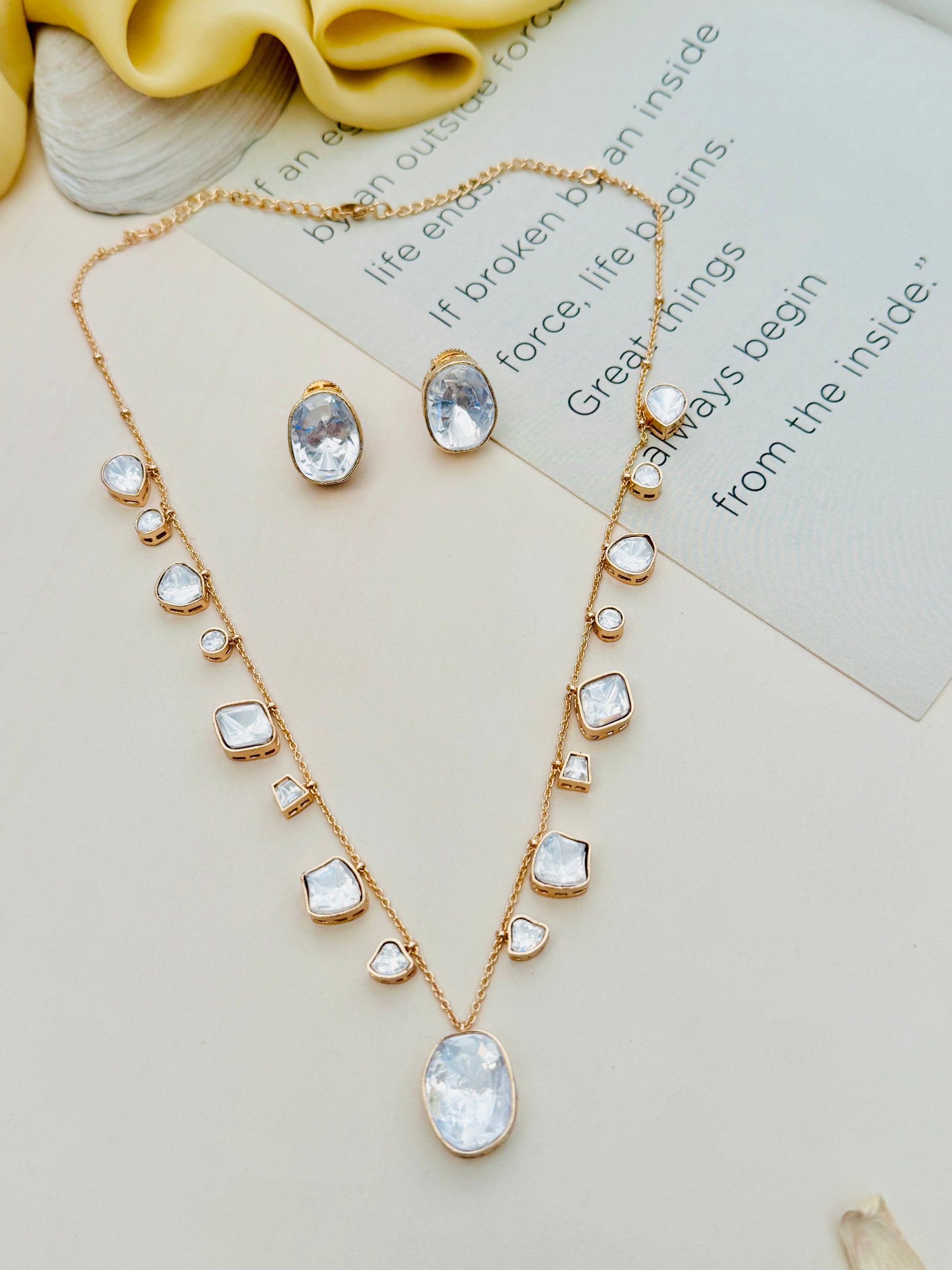 Gold Plated Polki Pendant Chain Combo by Abdesignsjewellery featuring clear stone necklace and matching earrings