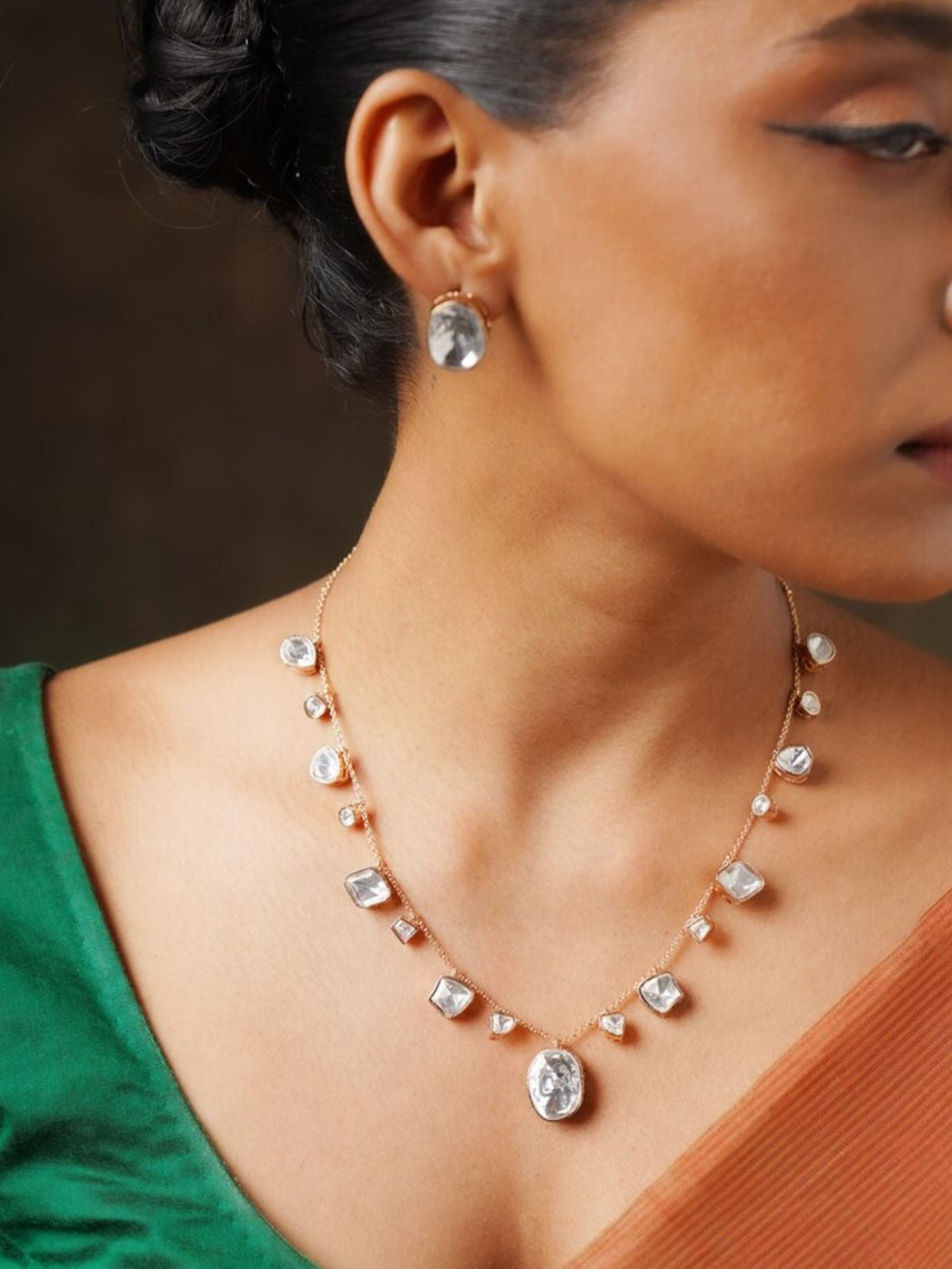 Gold Plated Polki Pendant Chain Combo by Abdesignsjewellery worn with matching earrings