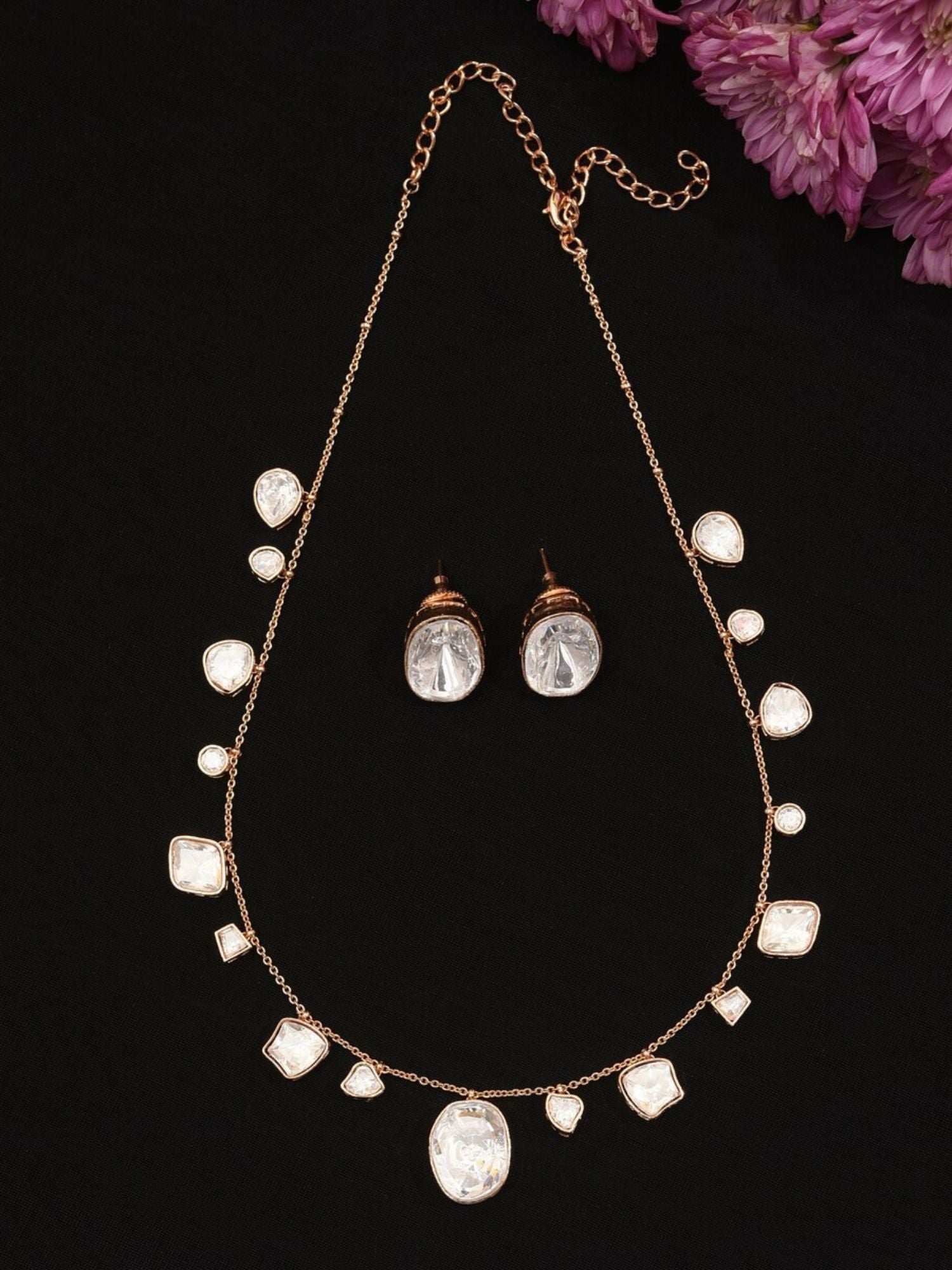 Gold Plated Polki Pendant Chain Combo by Abdesignsjewellery with matching earrings on black background