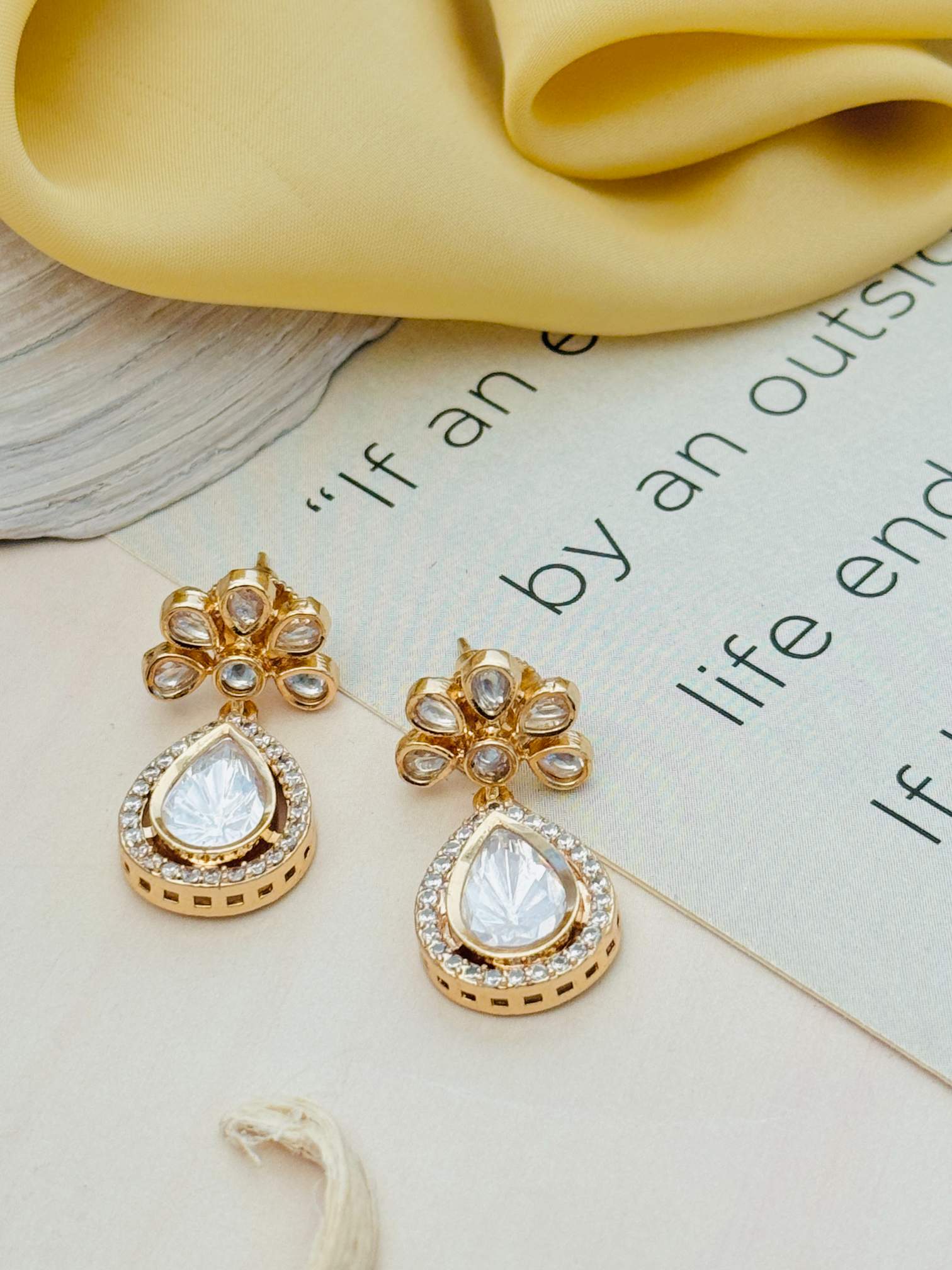 Abdesignsjewellery Gold Plated Polki Pendant Chain Set earrings with teardrop and floral design