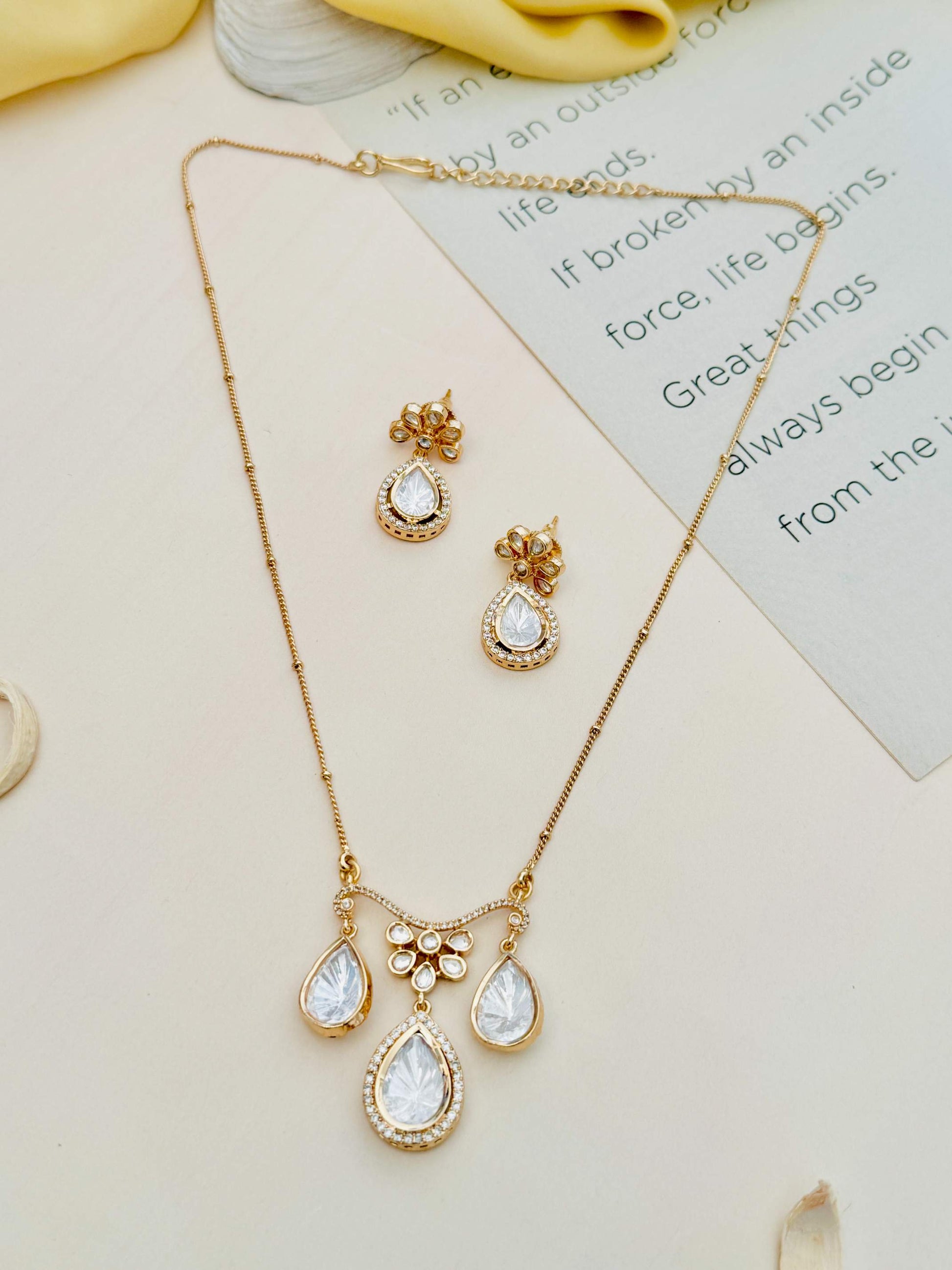 Gold Plated Polki Pendant Chain Set with matching teardrop earrings and intricate floral design