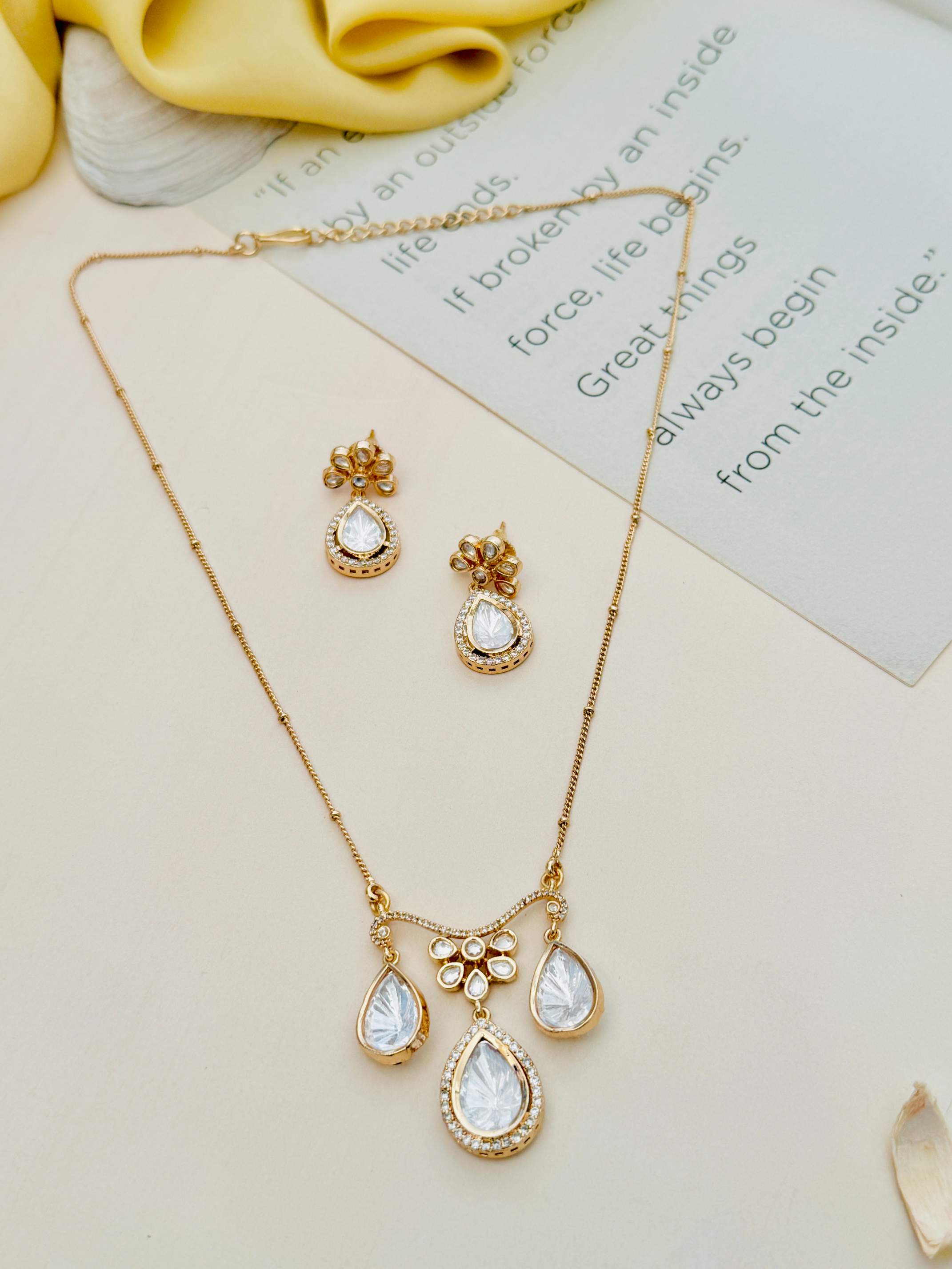 Gold Plated Polki Pendant Chain Set by Abdesignsjewellery with matching earrings and teardrop design