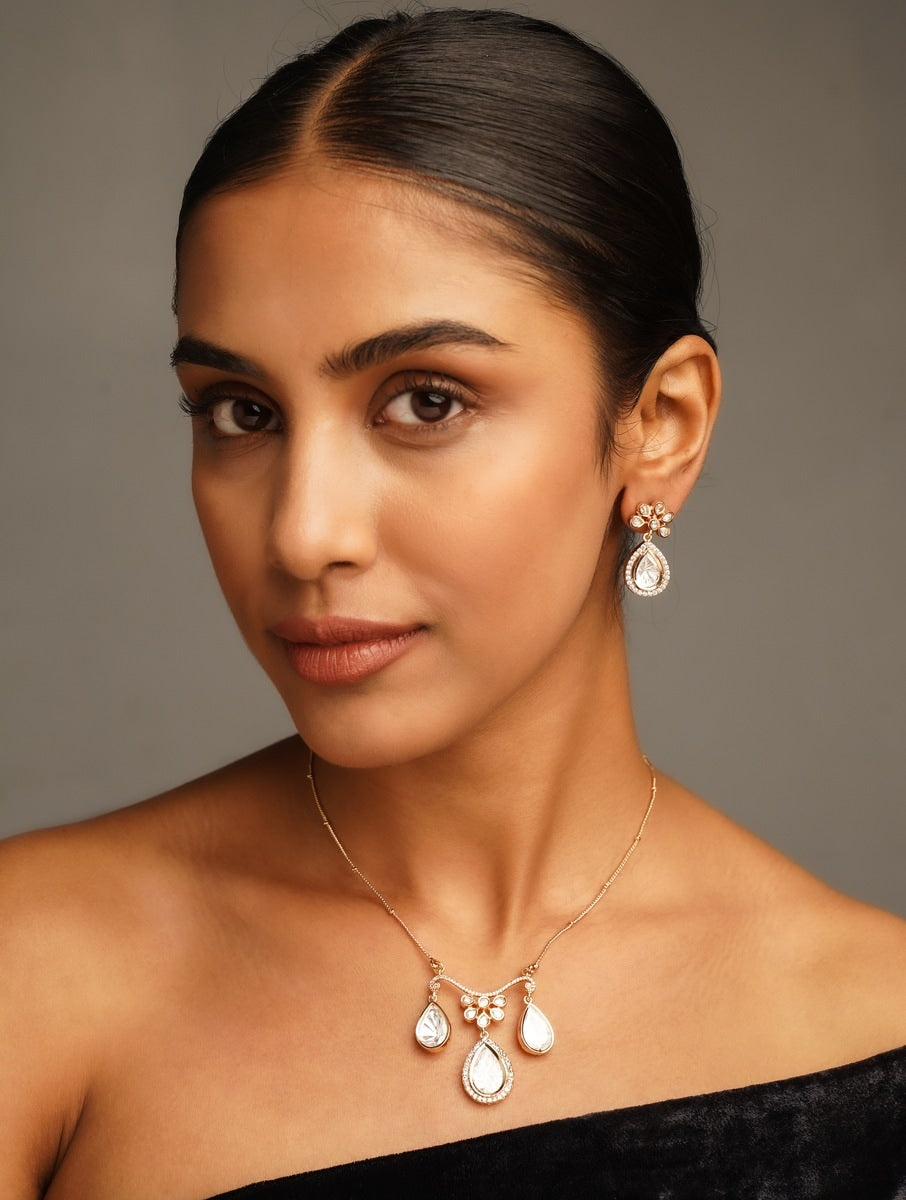 Gold Plated Polki Pendant Chain Set worn by woman with matching earrings from Abdesignsjewellery