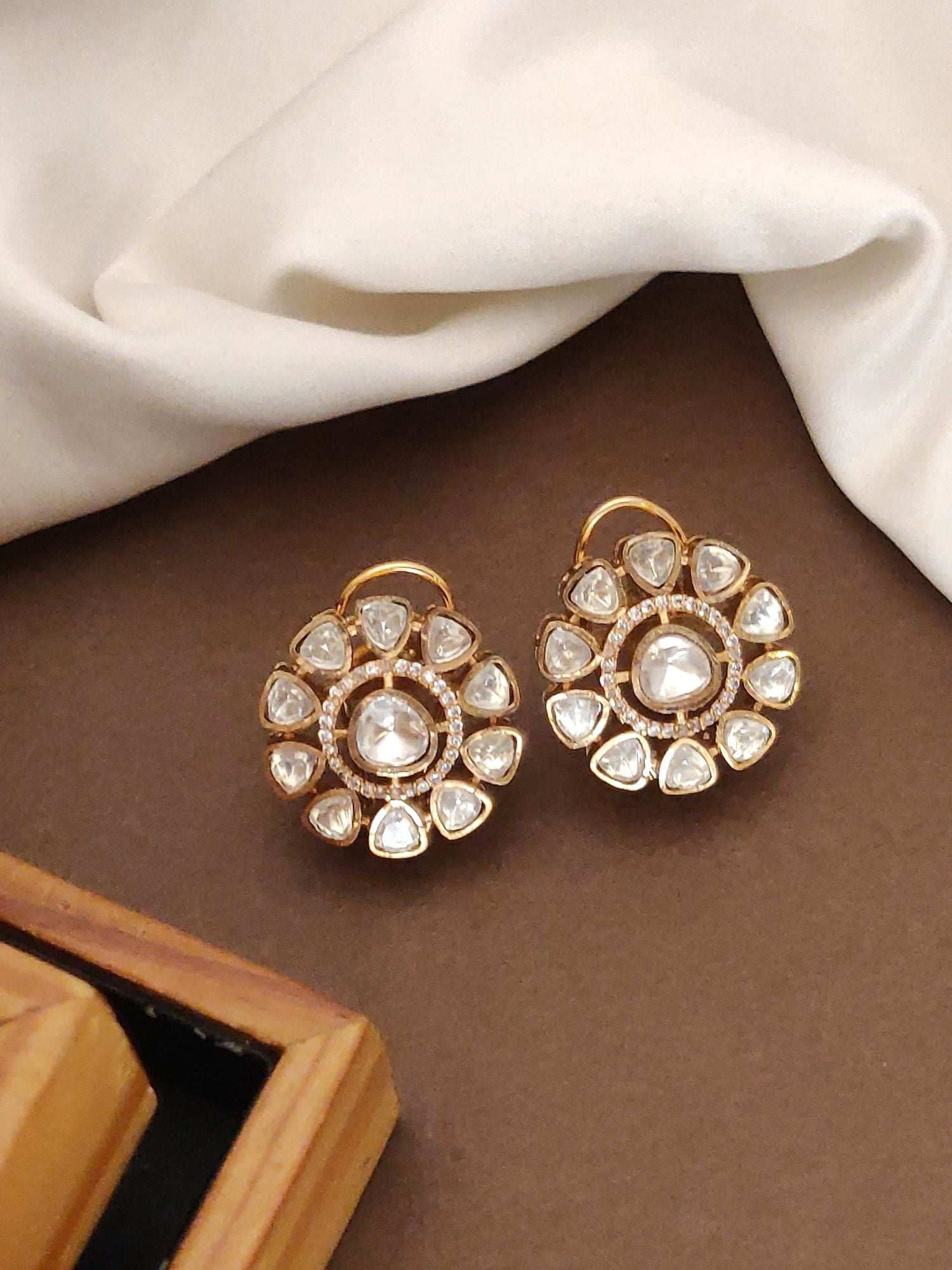 Gold Plated Polki Studs Earring featuring intricate floral design with shimmering details
