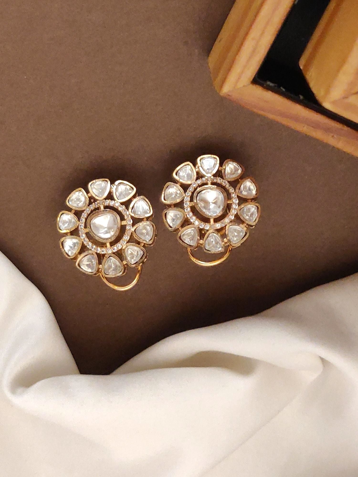 Stylish Gold Plated Polki Studs Earring with intricate design and sparkling stones