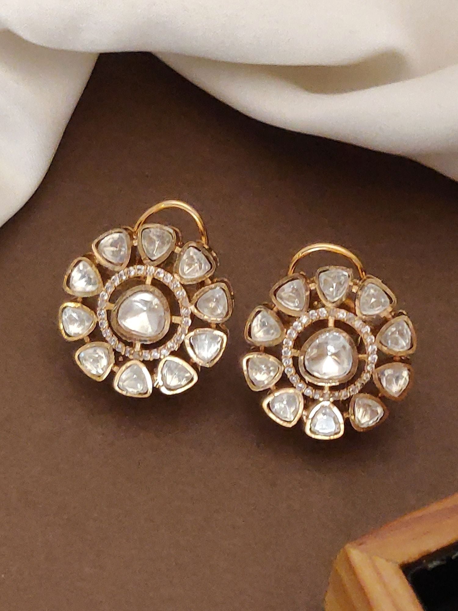 Gold Plated Polki Studs Earring featuring intricate design with sparkling stones and elegant finishing