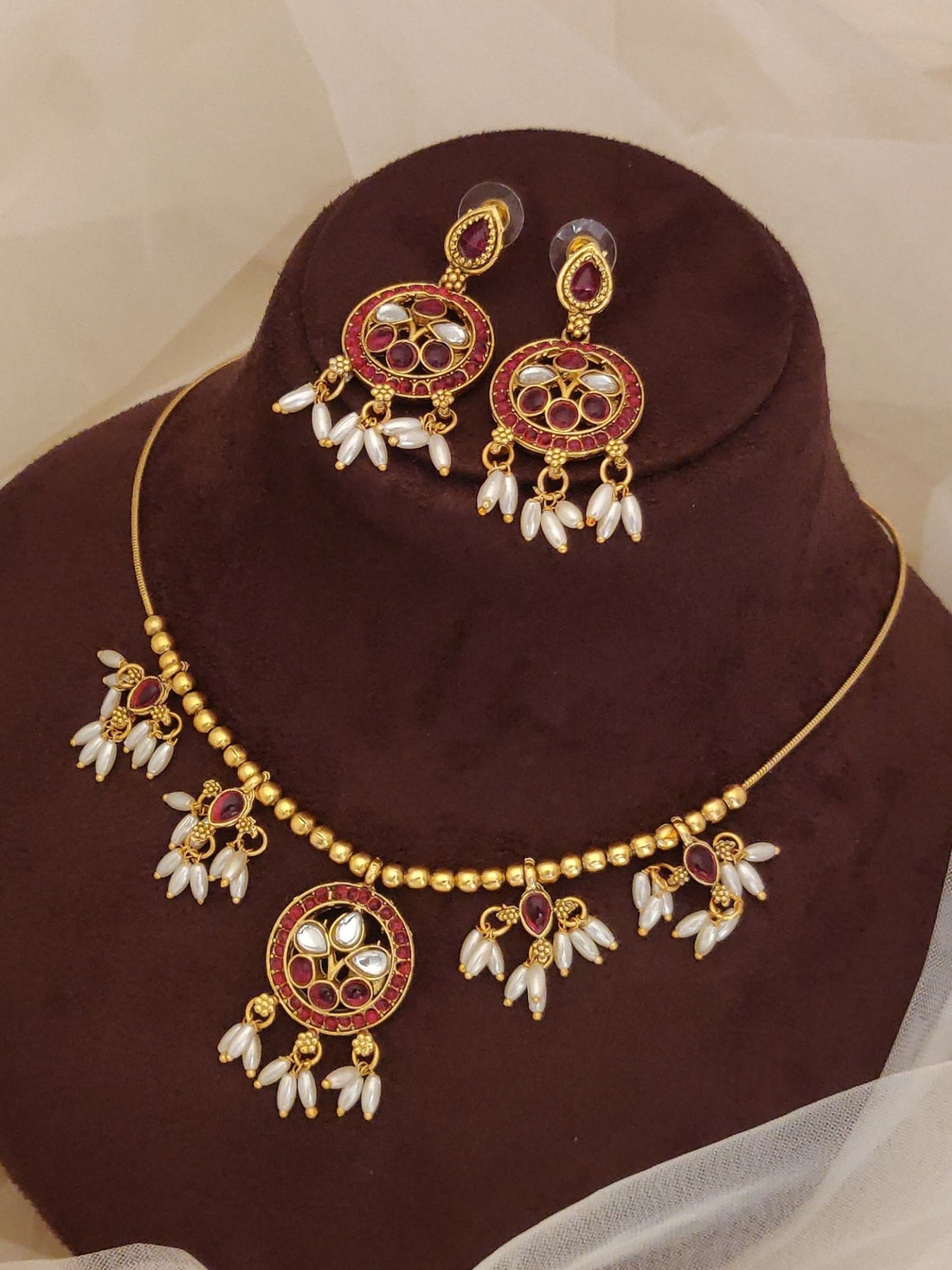 Abdesignsjewellery gold plated ruby kempstone necklace set with matching earrings and white pearl drops