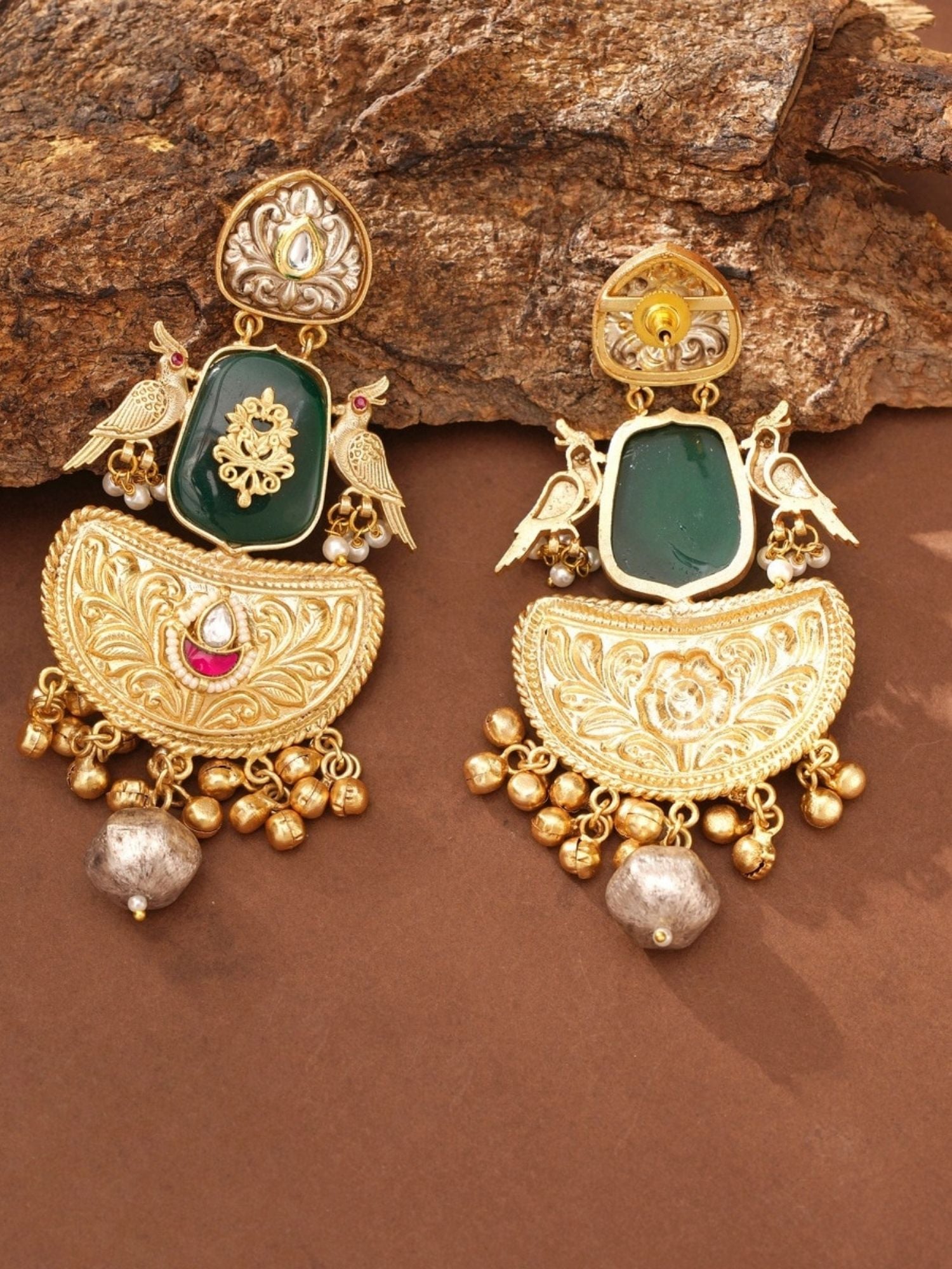 Gold Plated Traditional Earrings by Abdesignsjewellery with intricate design and green stone accents