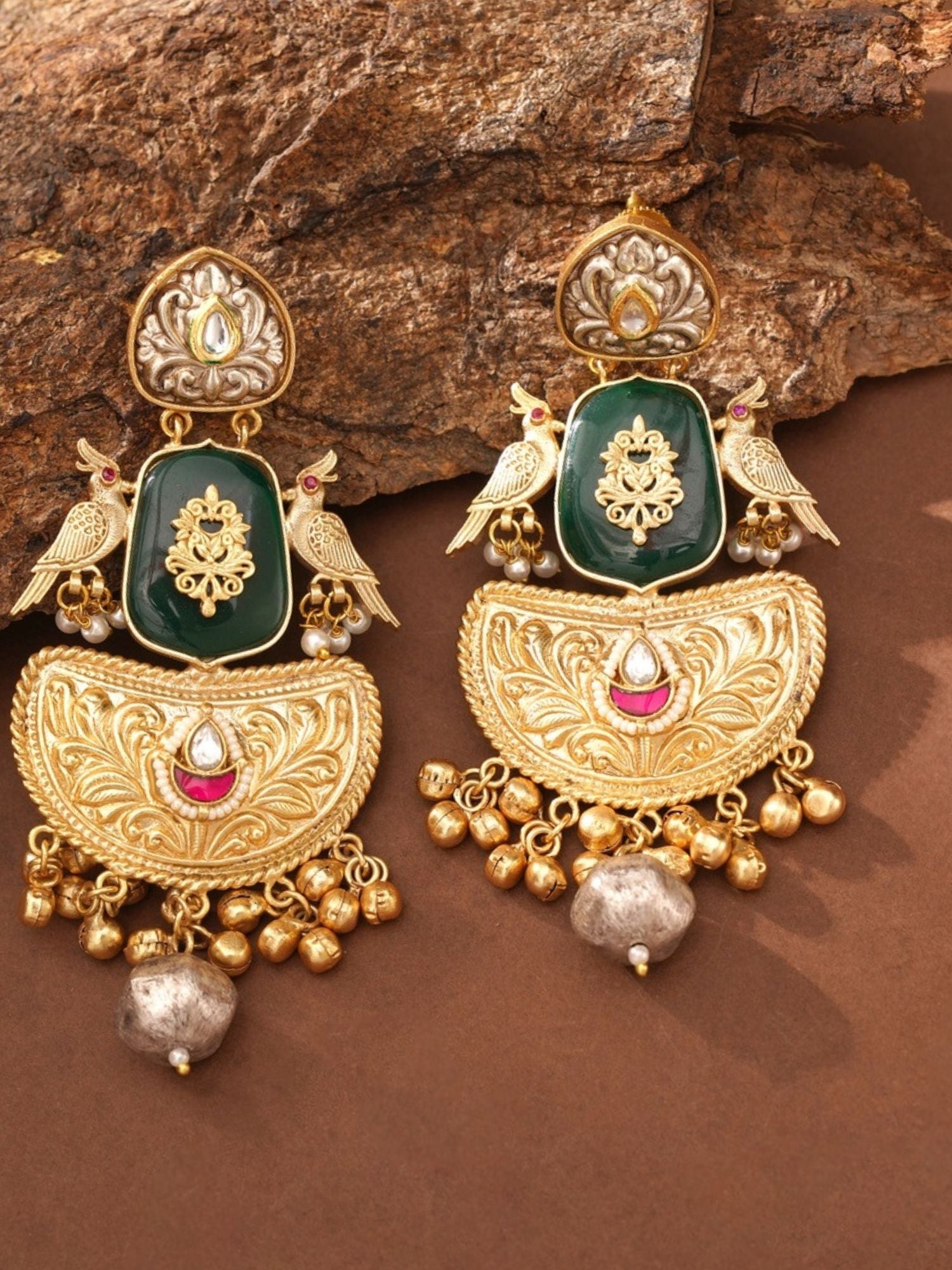 Gold Plated Traditional Earrings with intricate bird design and green stone accents by Abdesignsjewellery