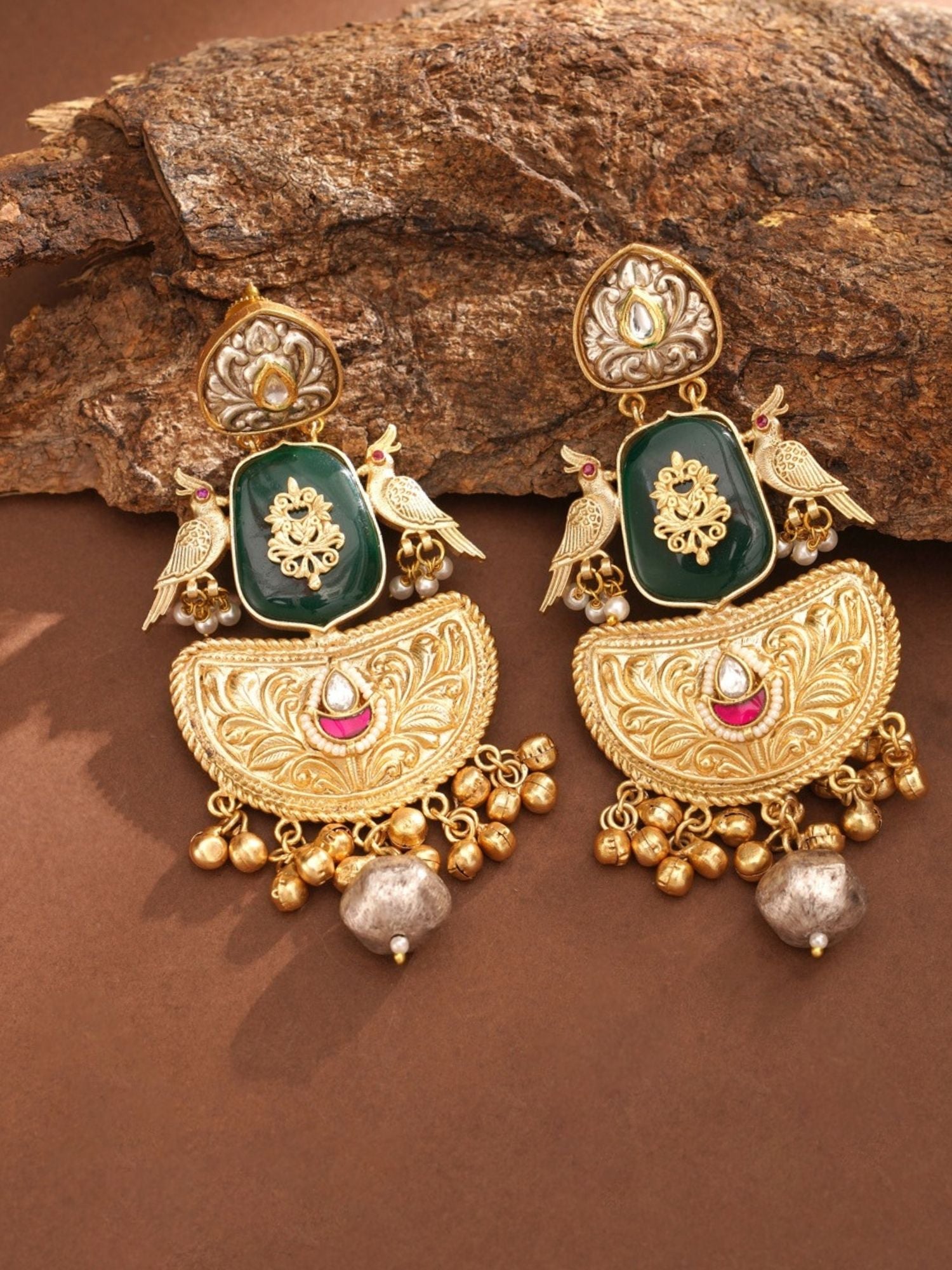 Gold Plated Traditional Earrings by Abdesignsjewellery with intricate design and hanging beads