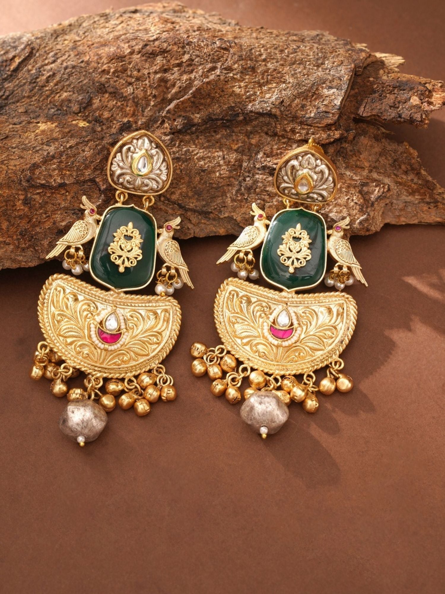 Gold Plated Traditional Earrings by Abdesignsjewellery with green stones and intricate bird and floral design