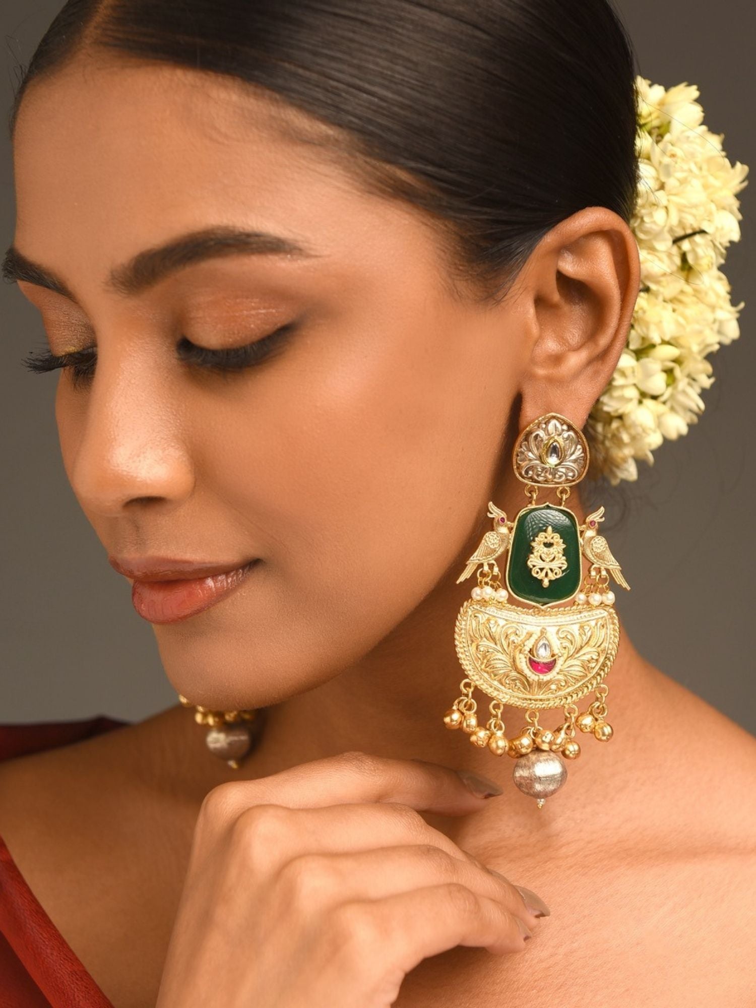 Gold Plated Traditional Earrings by Abdesignsjewellery worn by woman with floral hair accessory