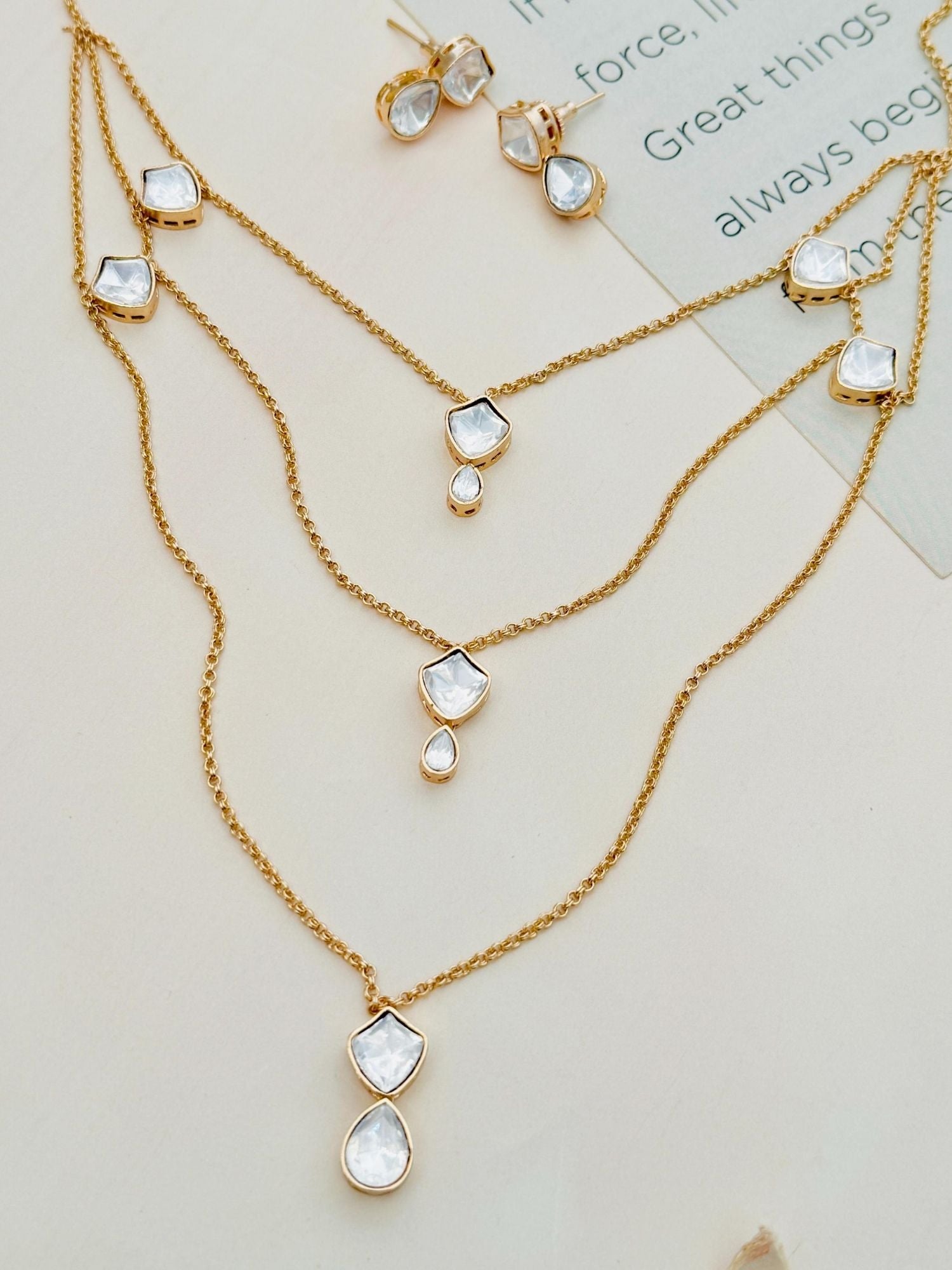 Gold Plated Uncut Polki Pendant Chain set by Abdesignsjewellery featuring elegant clear stones on gold chains