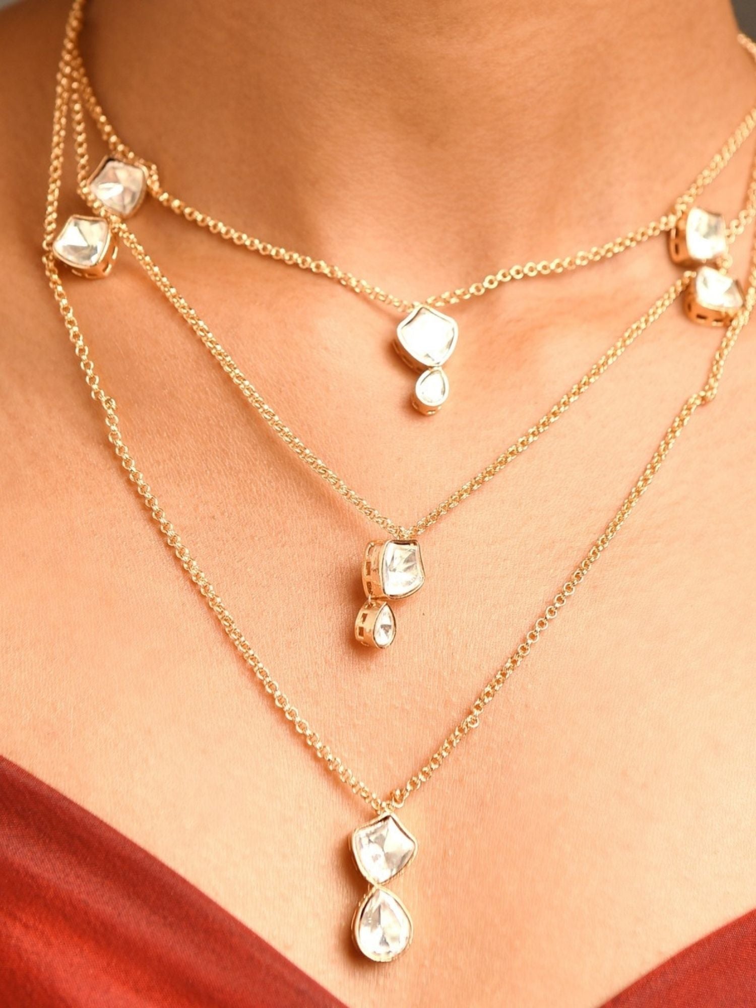 Gold Plated Uncut Polki Pendant Chain layered necklace set by Abdesignsjewellery on model
