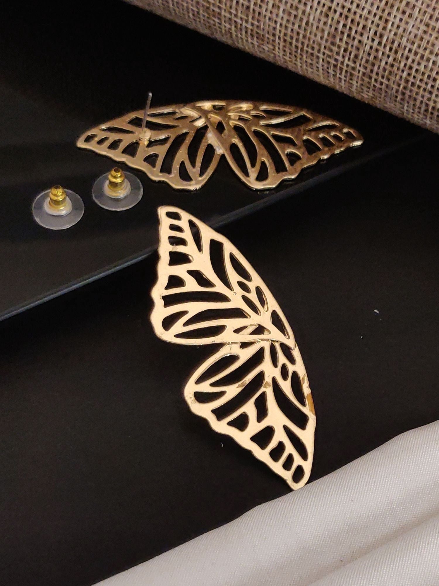 Gold Plated Western Butterfly Earring with Intricate Cutout Design and Secure Backings