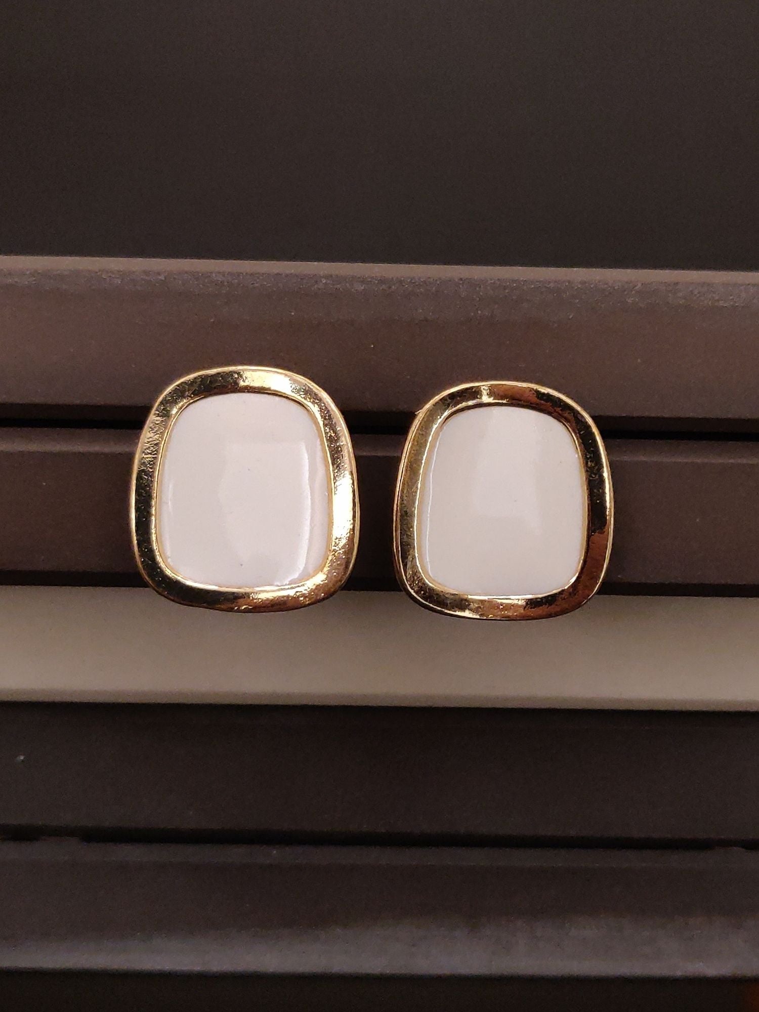 Gold Plated White Big Square Stud Earring with Elegant Design for Everyday Wear