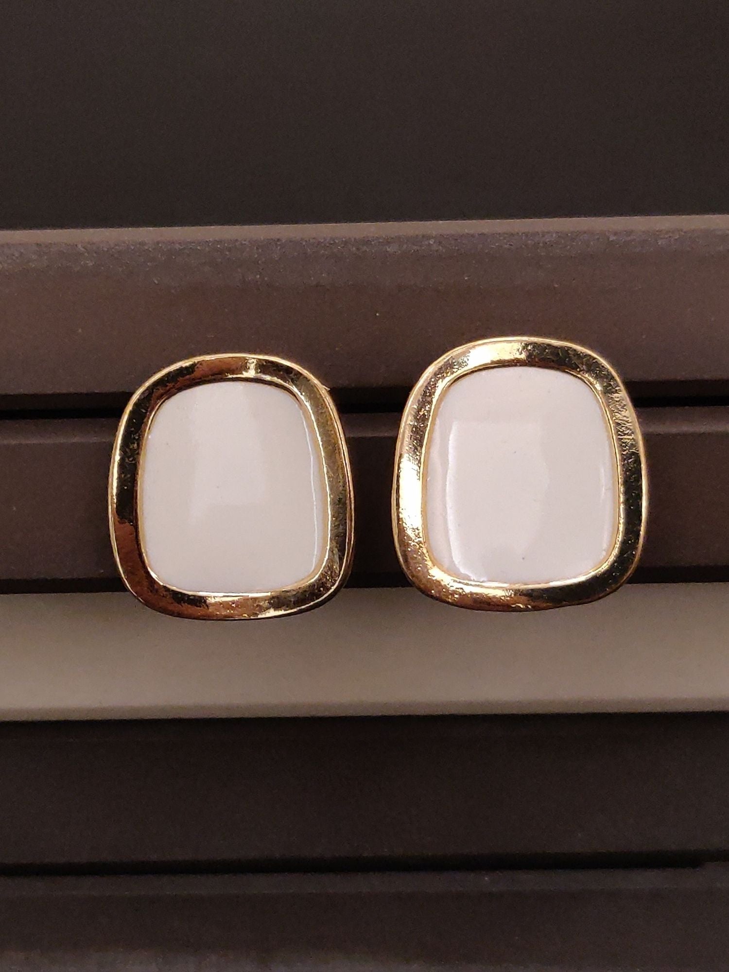 Gold Plated White Big Square Stud Earring with a Modern Design for Elegant Outfits
