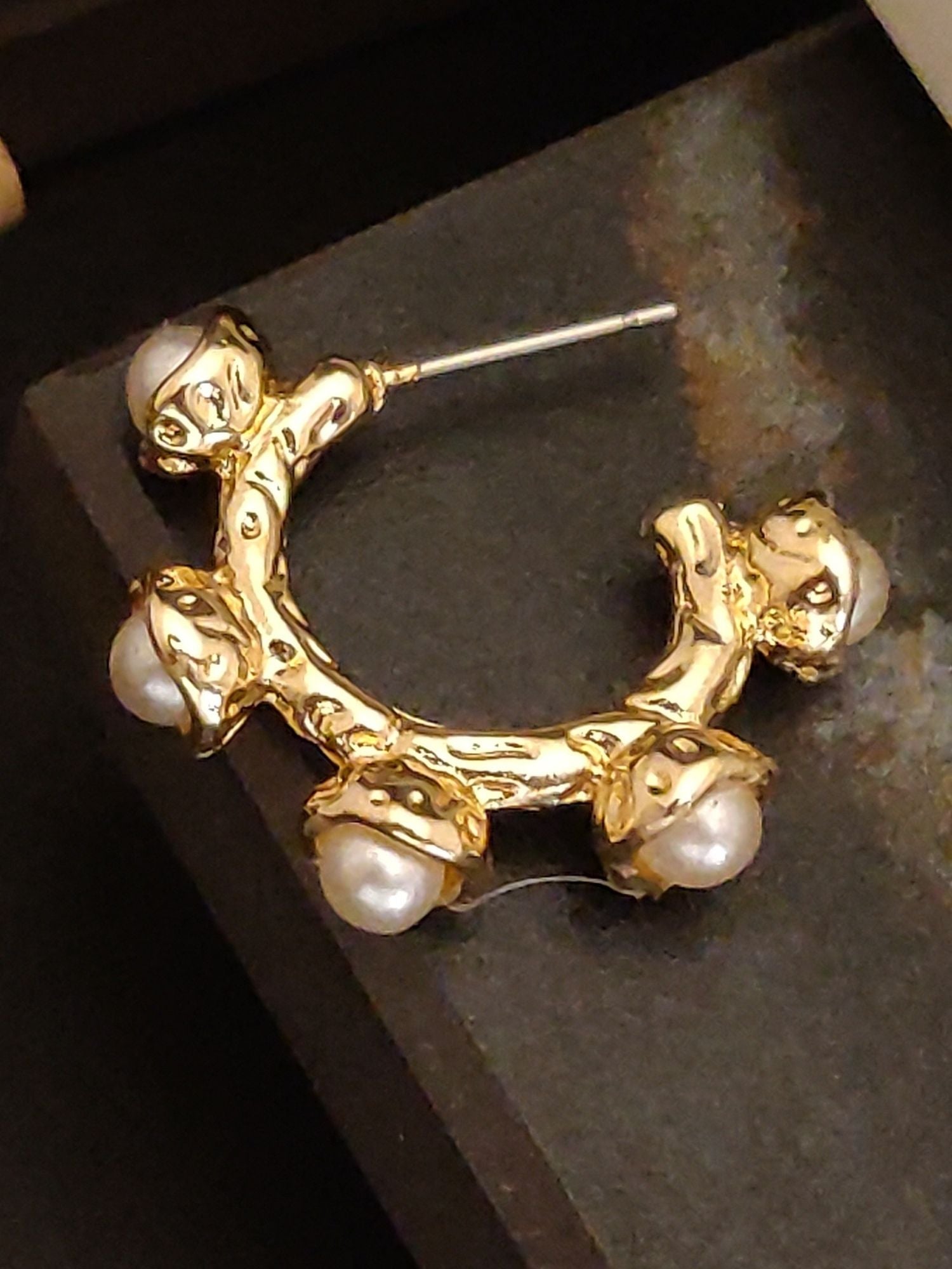 Gold Plated White Pearl Half Hoops Earring with a textured design and elegant shine