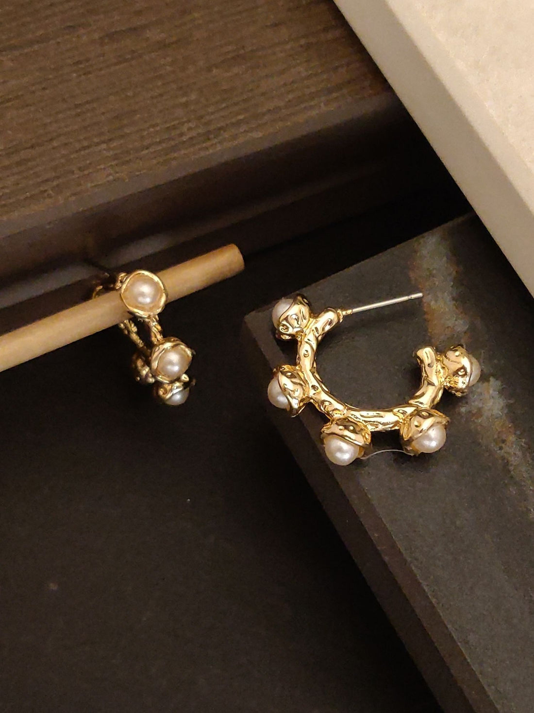 Gold Plated White Pearl Half Hoops Earring with Detailed Textured Design and Elegant Pearls