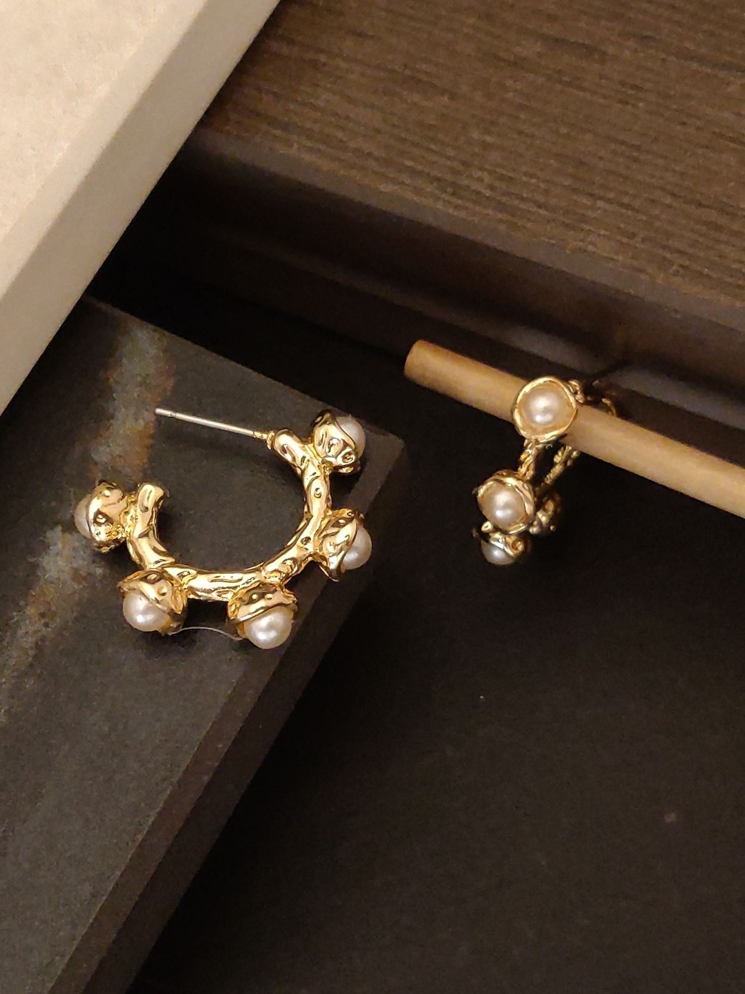 Gold Plated White Pearl Half Hoops Earring elegantly designed with unique detailing