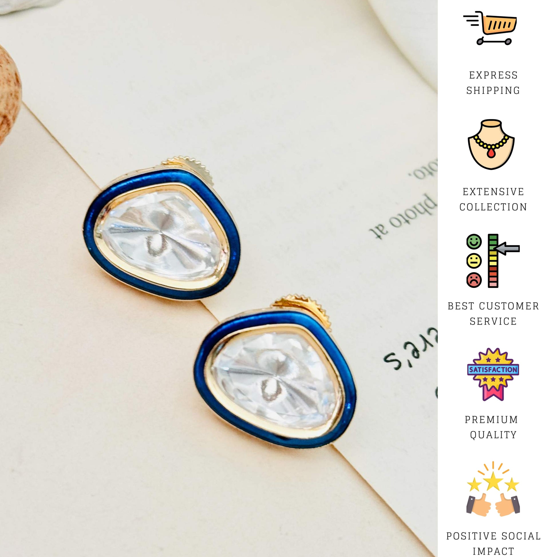 Gold Uncut Polki Diamond Stud Earrings by Abdesignsjewellery with blue enamel border