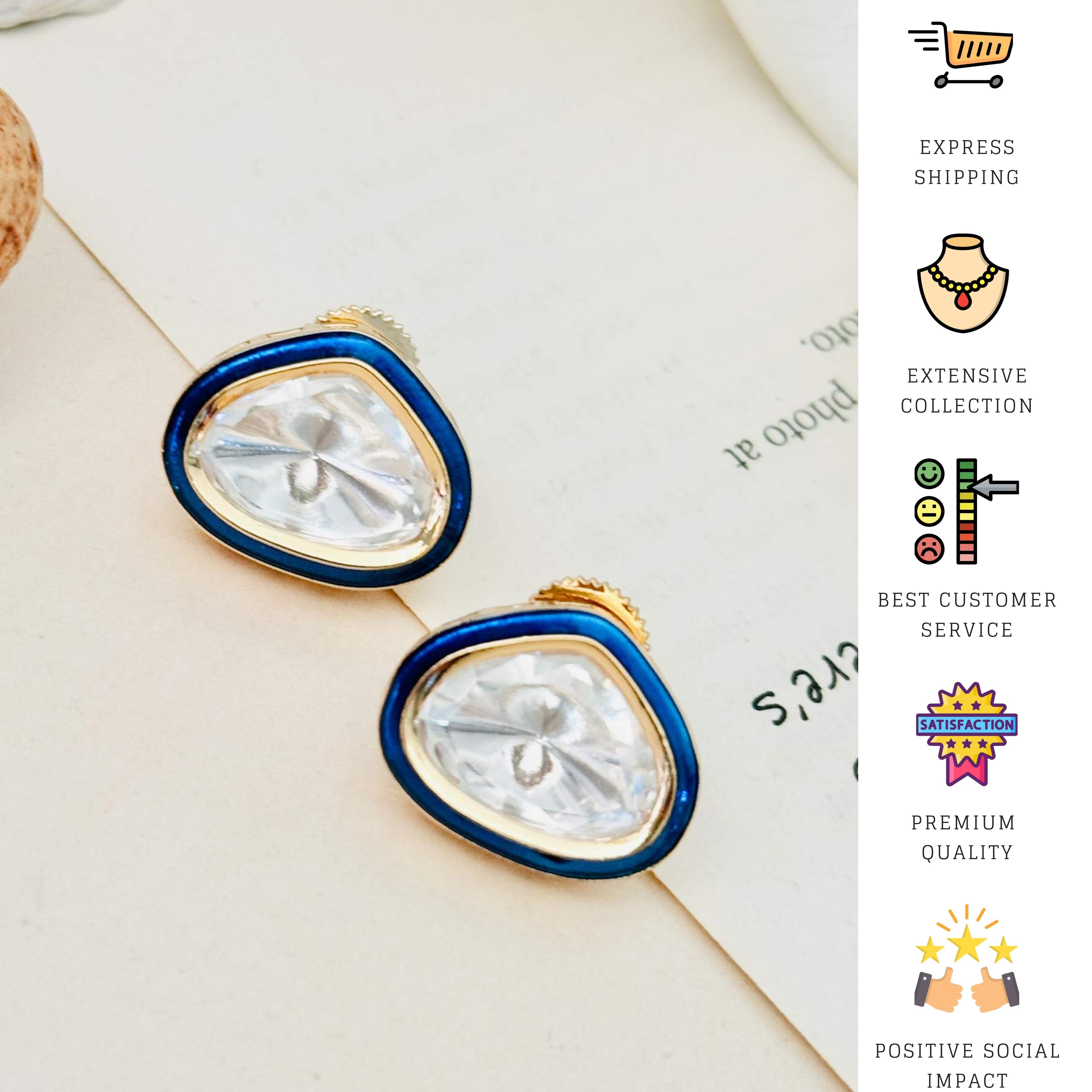 Gold Uncut Polki Diamond Stud Earrings by Abdesignsjewellery with blue enamel border