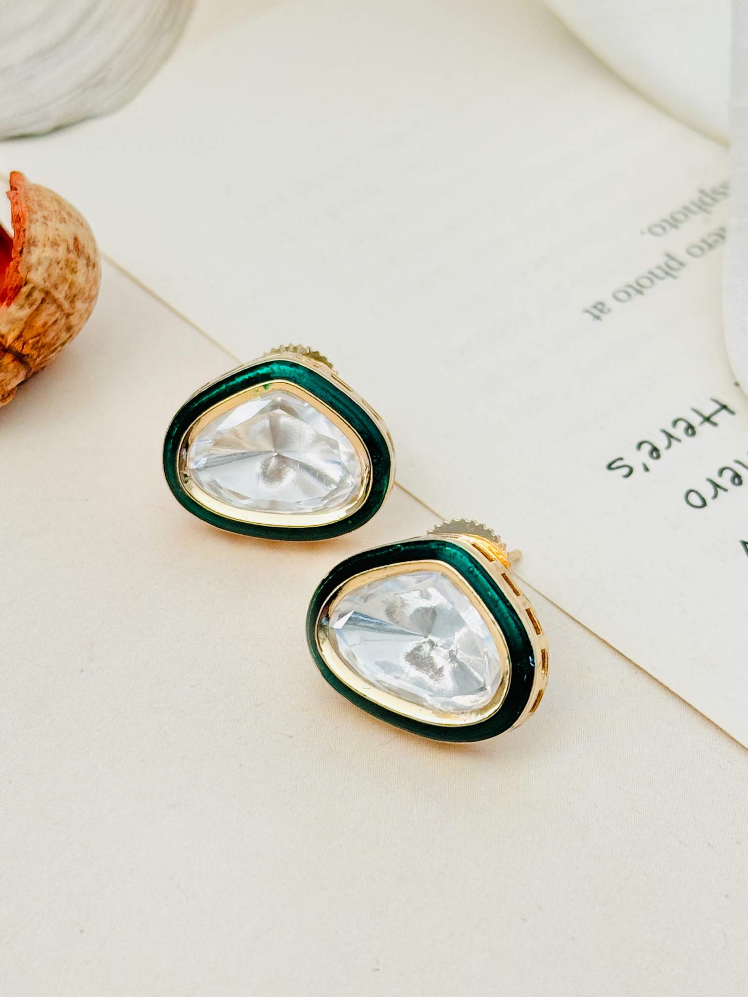 Abdesignsjewellery Gold Uncut Polki Diamond Stud Earrings with green enamel border