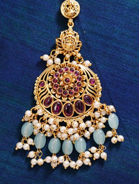 Thumbnail for Golden Plated KempStone Studed Maangtikka with purple stones white pearls and light blue beads on dark blue background
