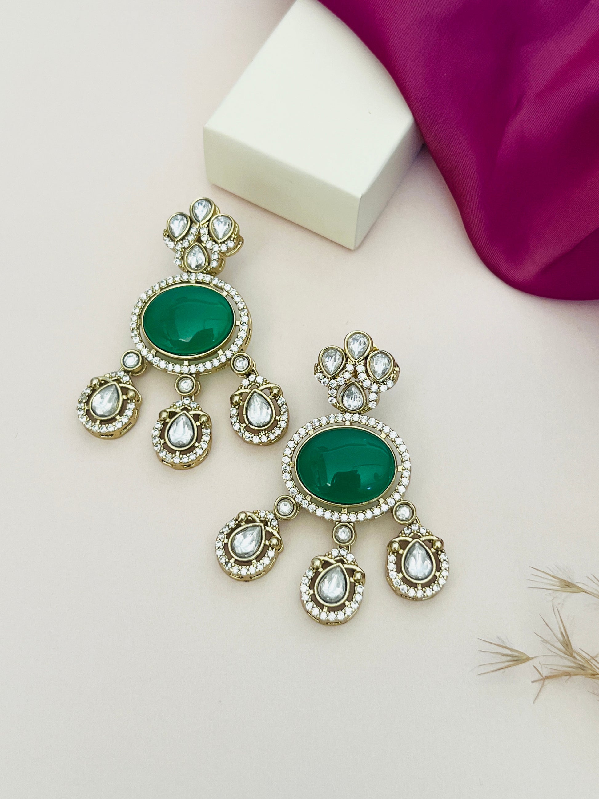 Abdesignsjewellery Green Emerald Polki Gold Plated Necklace Set with intricate gold and pearl detailing