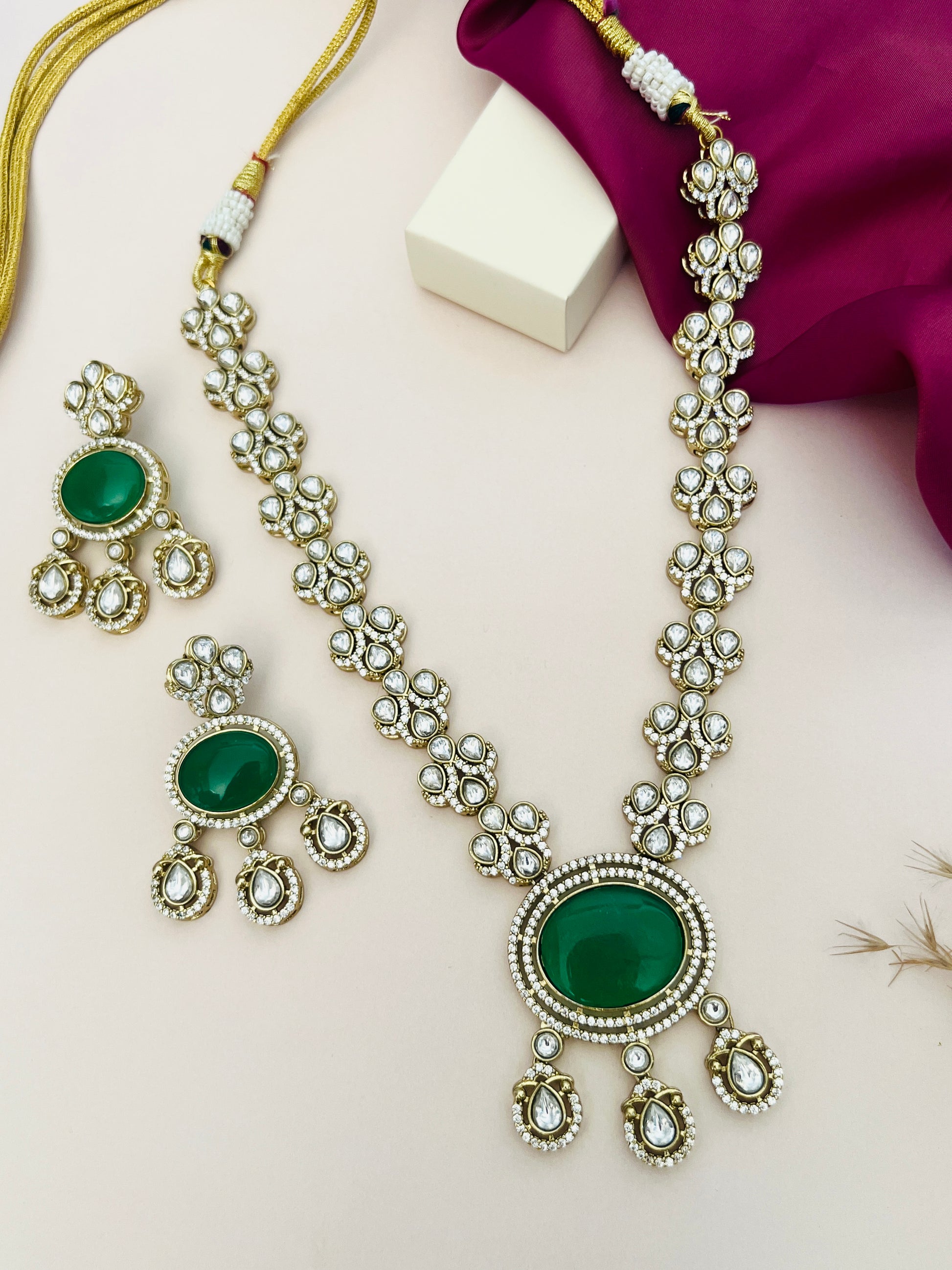 Green Emerald Polki Gold Plated Necklace Set with intricate stone detailing by Abdesignsjewellery