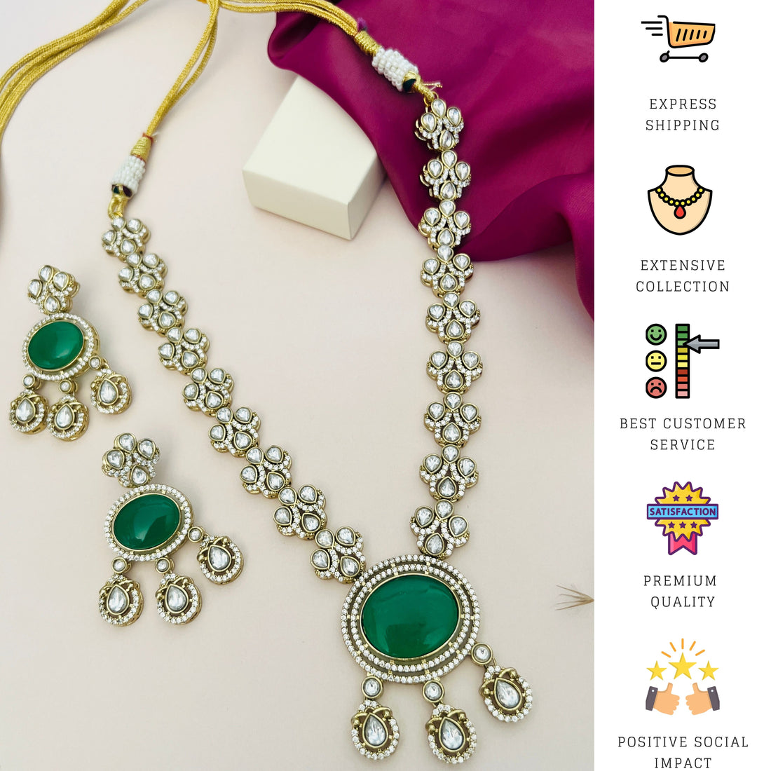 Green Emerald Polki Gold Plated Necklace Set with matching earrings by Abdesignsjewellery worn by model