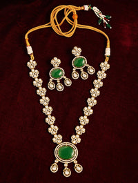 Thumbnail for Green Emerald Polki Gold Plated Necklace Set with intricate floral designs and matching earrings by Abdesignsjewellery