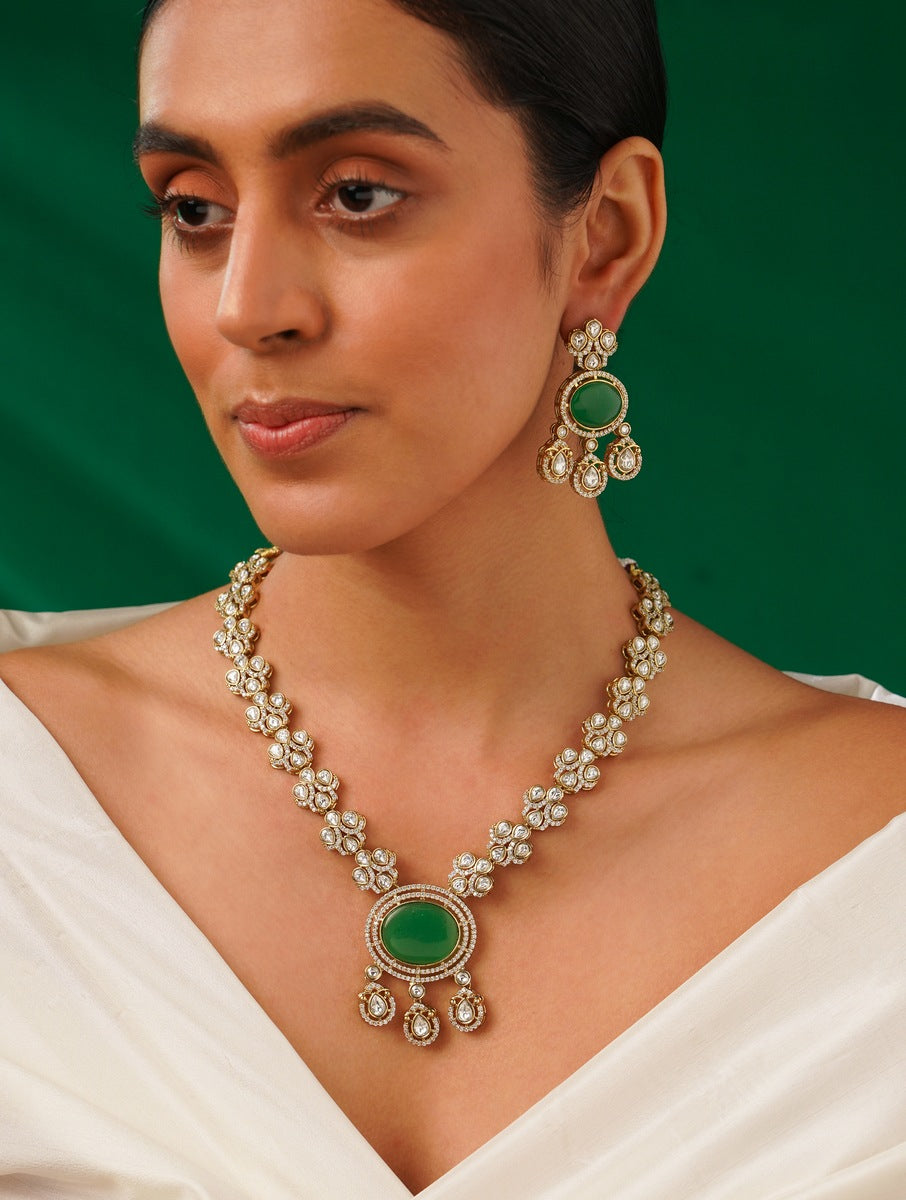 Green Emerald Polki Gold Plated Necklace Set with matching earrings by Abdesignsjewellery worn by model