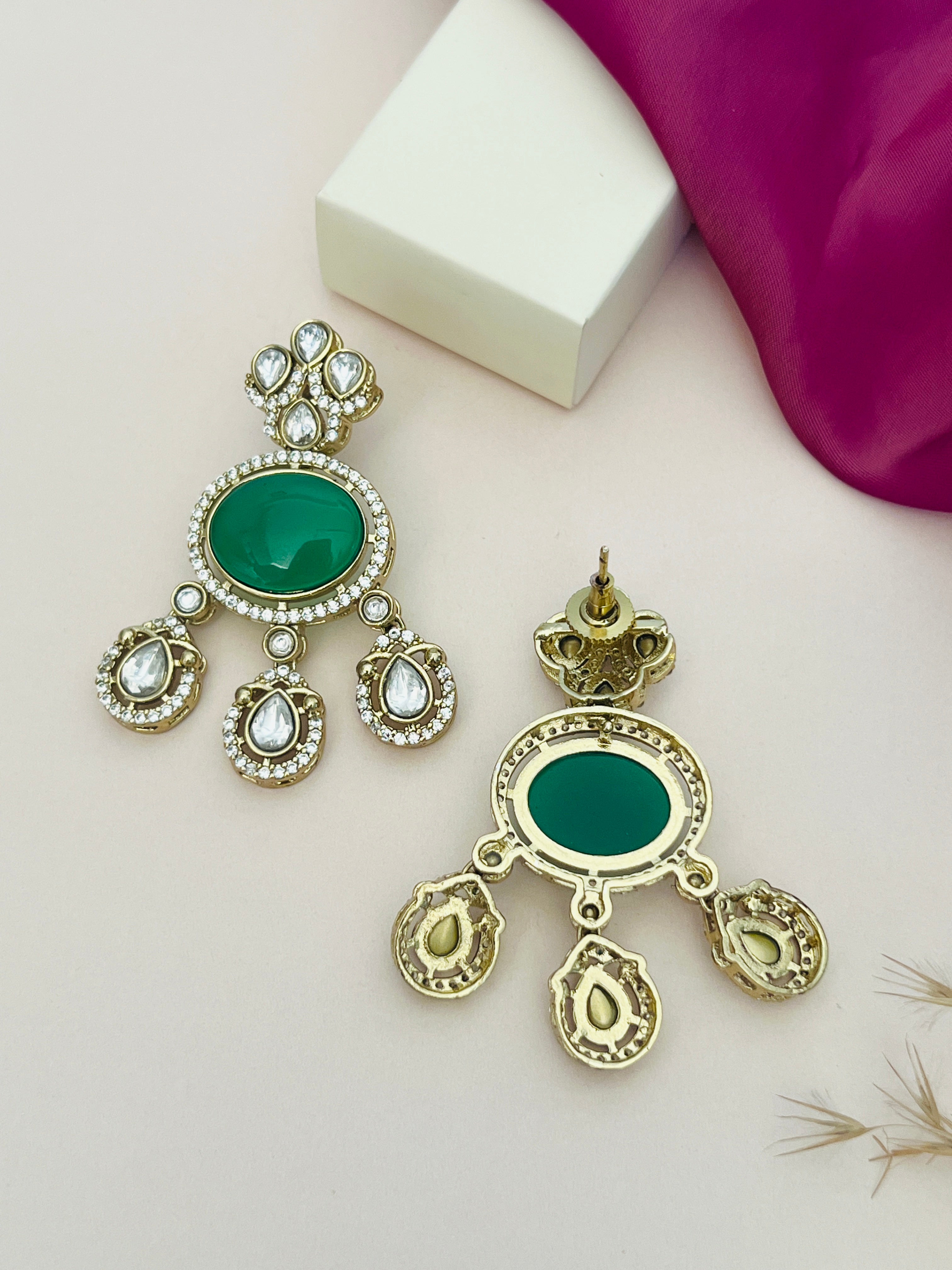 Abdesignsjewellery Green Emerald Polki Gold Plated Necklace Set with intricate design and gemstones