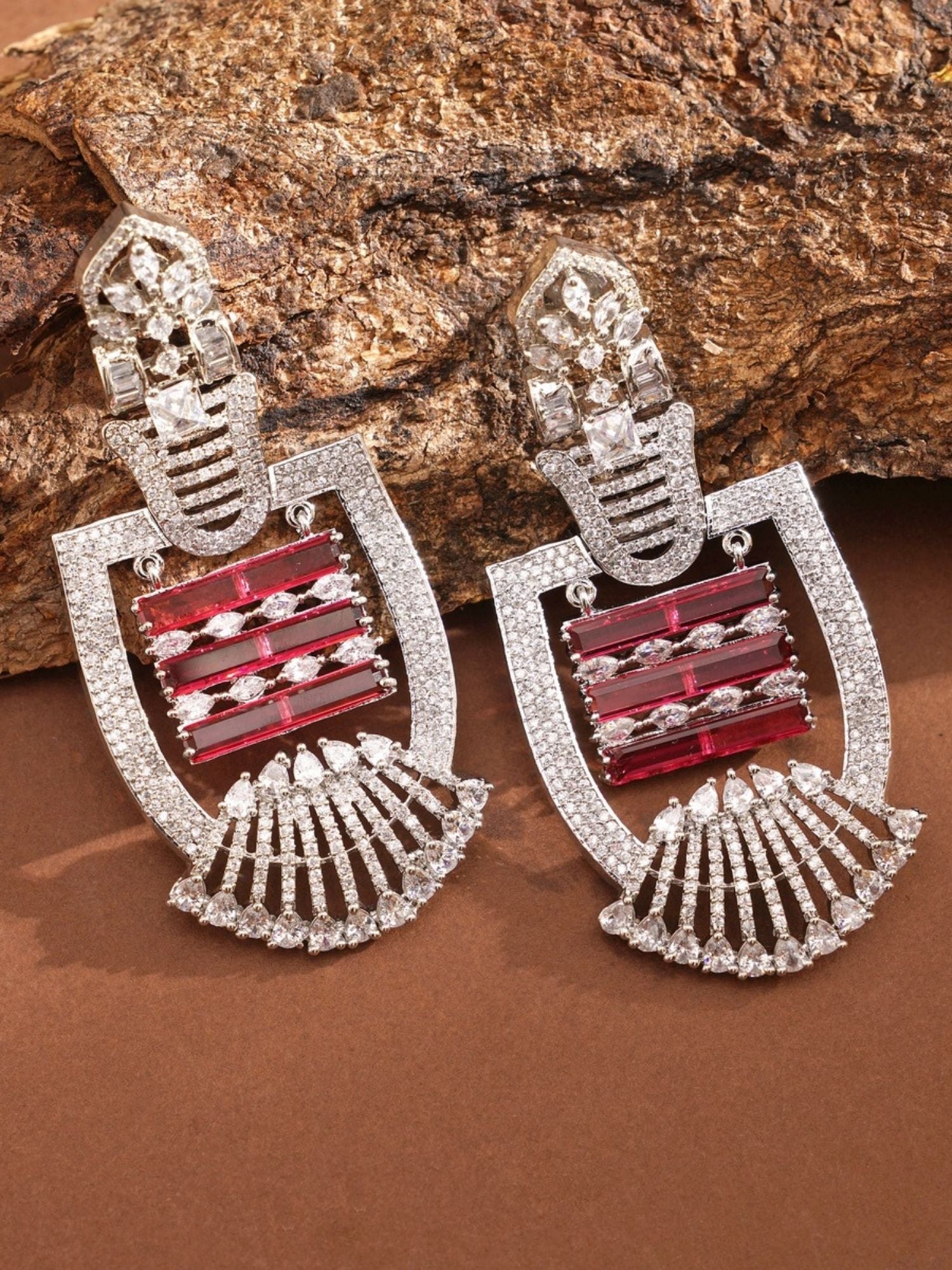 Heavy Silver Plated American Diamond Earring with intricate red and clear stone design by Abdesignsjewellery