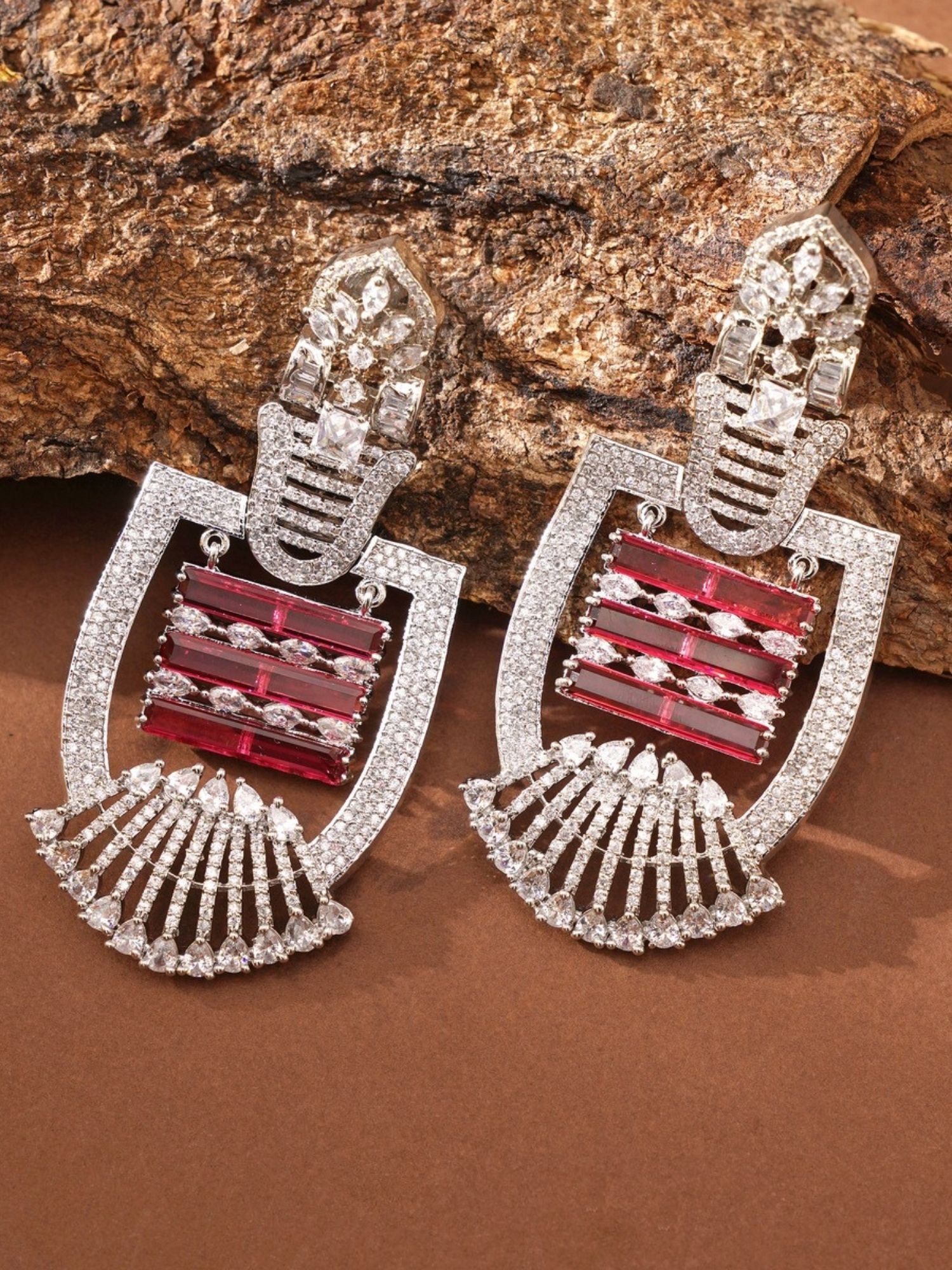 Heavy Silver Plated American Diamond Earring with intricate geometric design and red accents by Abdesignsjewellery