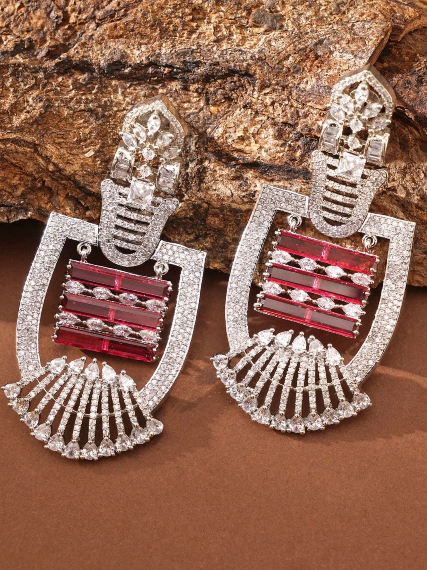 Heavy Silver Plated American Diamond Earring with intricate red and clear stone design from Abdesignsjewellery
