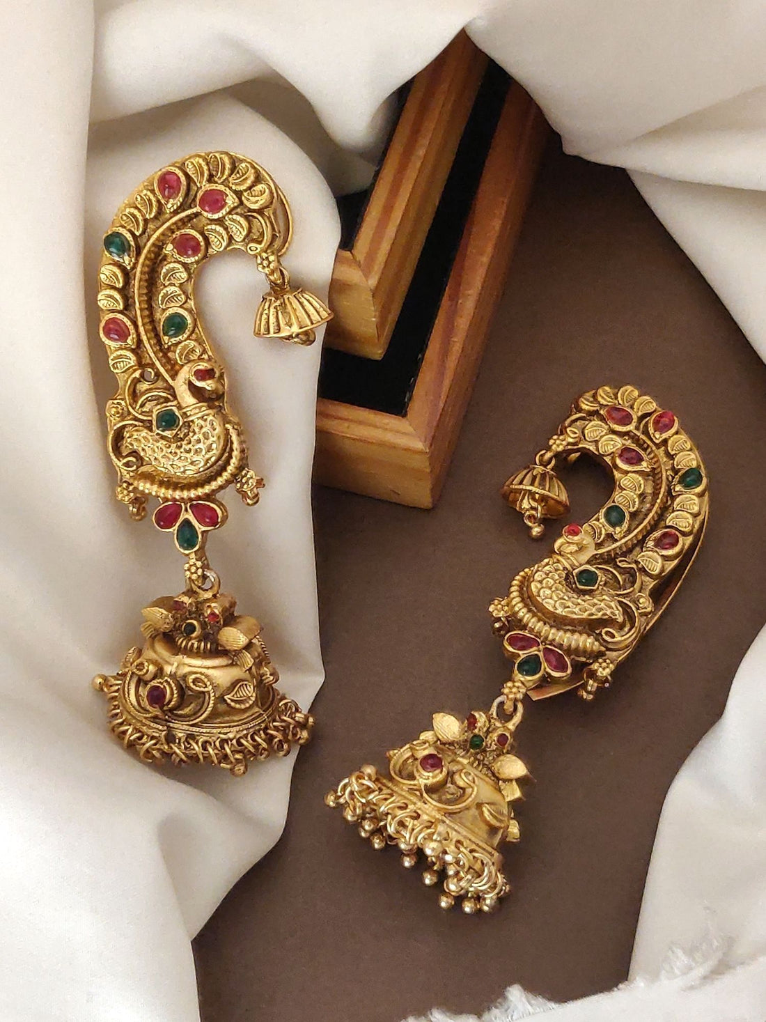 Elegant high quality ear cuff earrings with intricate gold design and colorful gemstones