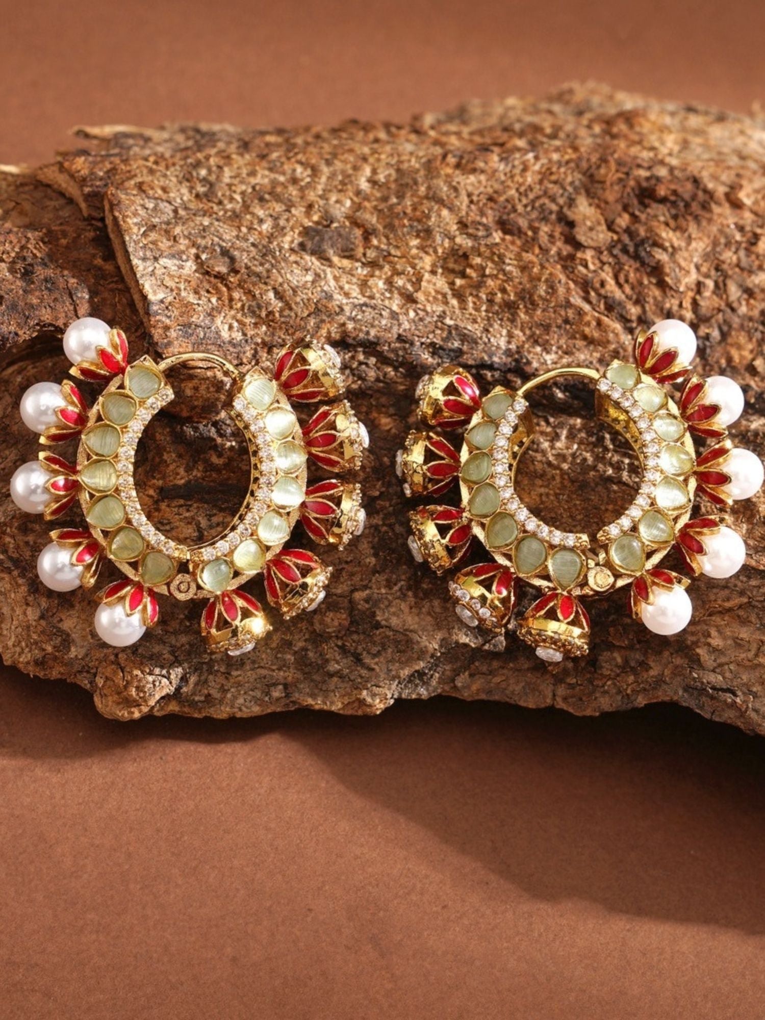 High Quality Gold Plated Artificial Stones Hoops Earrings with pearls and red accents by Abdesignsjewellery