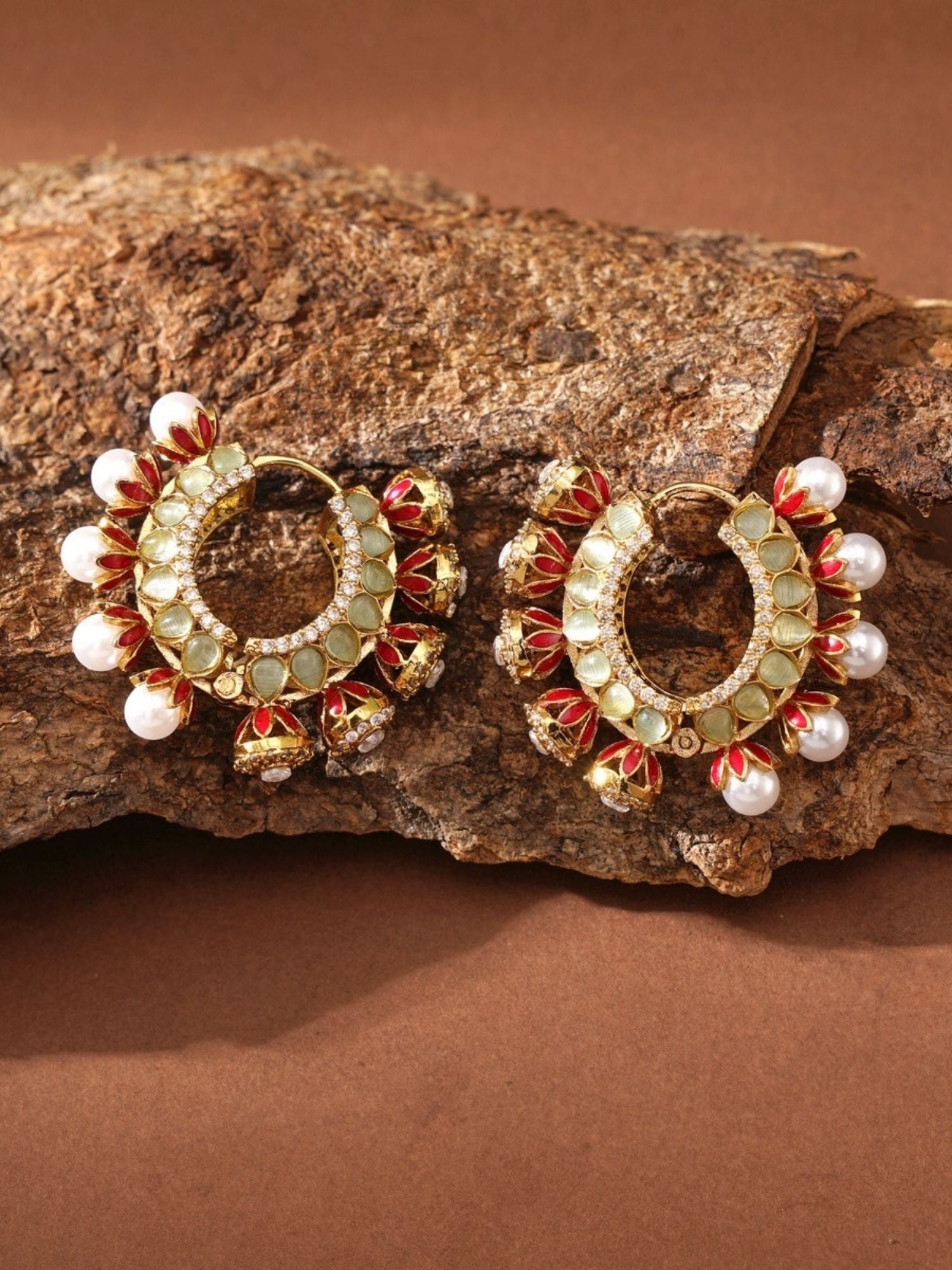 High Quality Gold Plated Artificial Stones Hoops Earrings with red and white pearl accents by Abdesignsjewellery