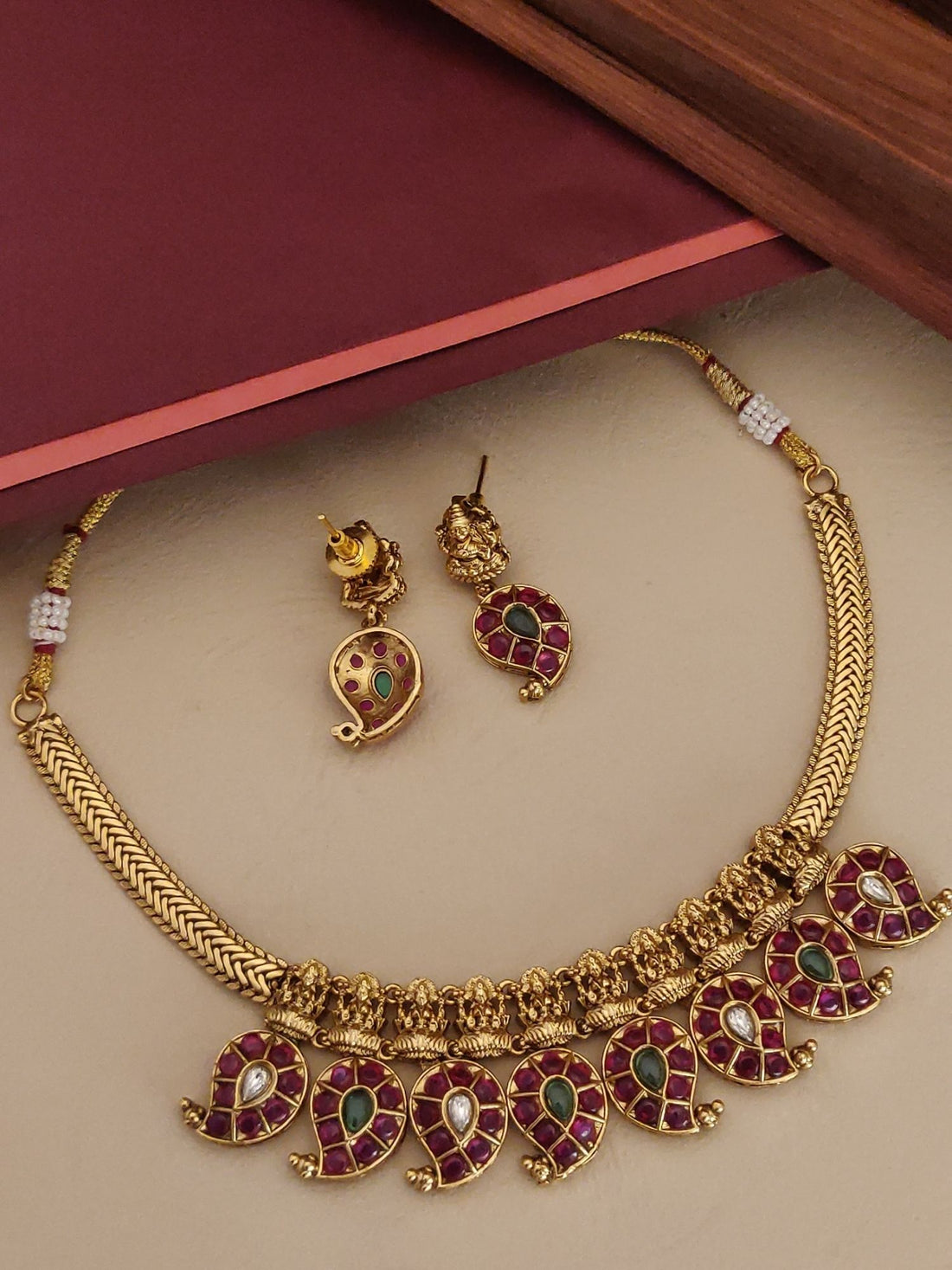 High Quality Gold Plated KempStone Necklace with earrings featuring colorful stones and intricate design
