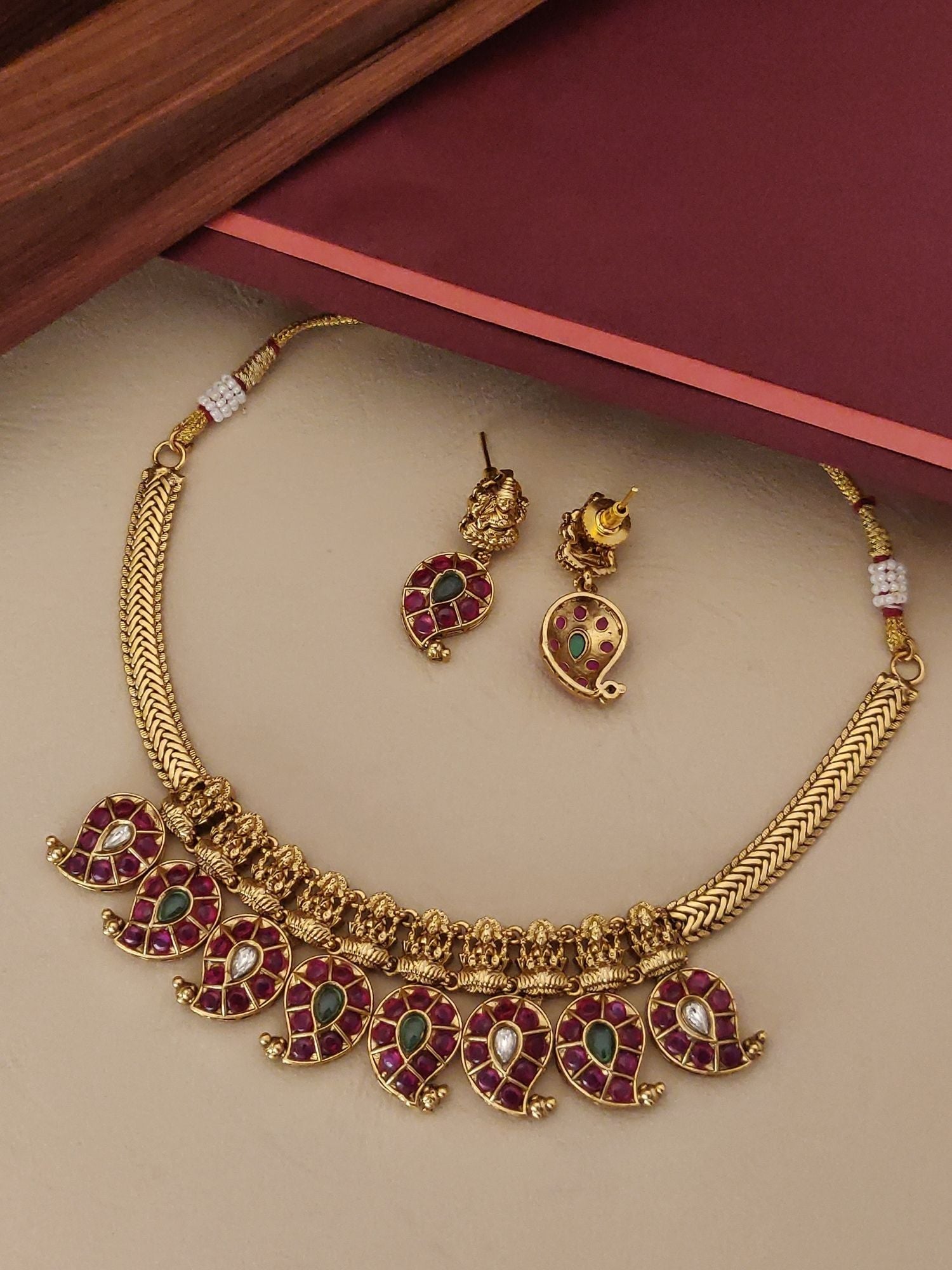 High Quality Gold Plated KempStone Necklace with earrings featuring colorful stones and intricate design