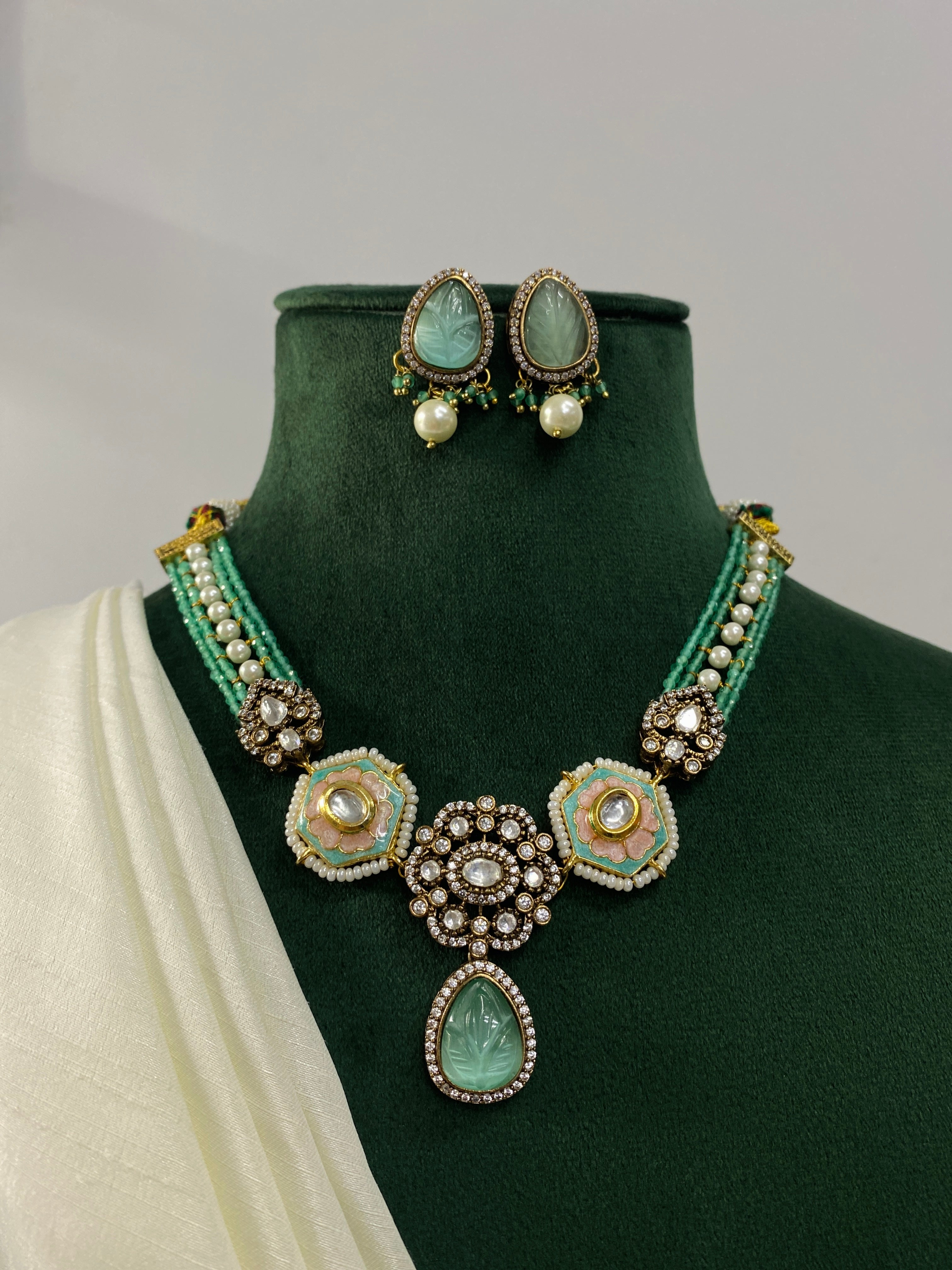 High Quality Gold Plated Victorian Necklace and matching earrings with green and pearl accents by Abdesignsjewellery