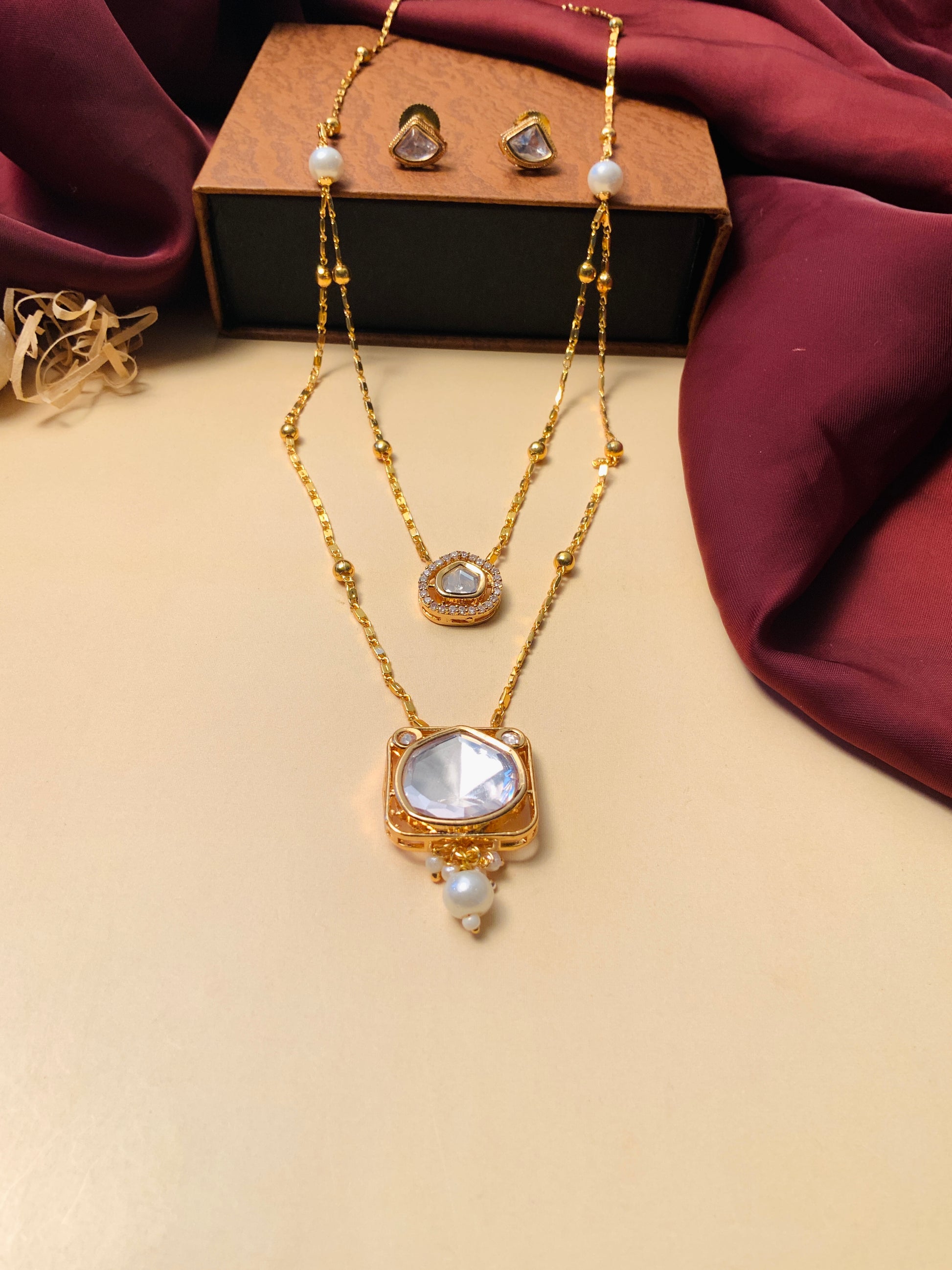 High Quality Polki Layered Necklace Set with gold finish and matching earrings by Abdesignsjewellery