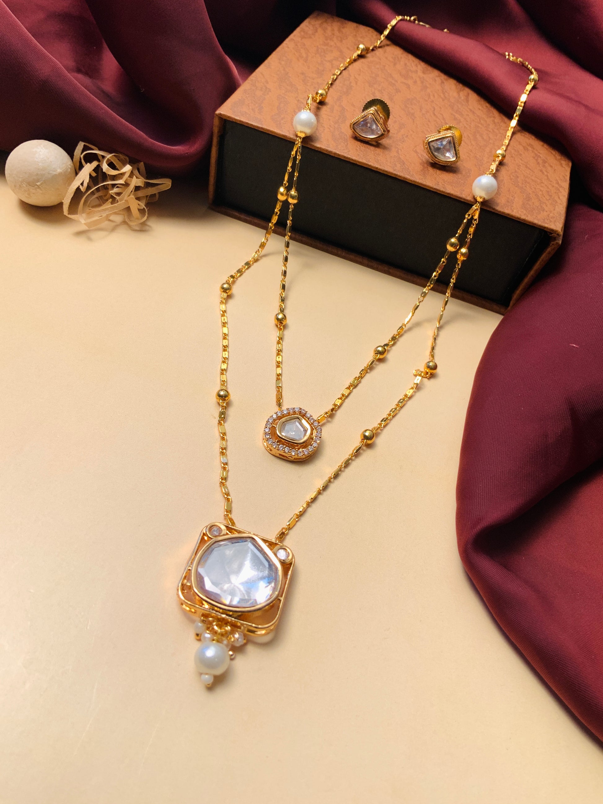 High Quality Polki Layered Necklace Set by Abdesignsjewellery with gold-tone chains and pearl accents