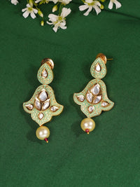 Thumbnail for High Quality Traditional Kundan Necklace Set earrings with green and gold design and pearl drop on green fabric background