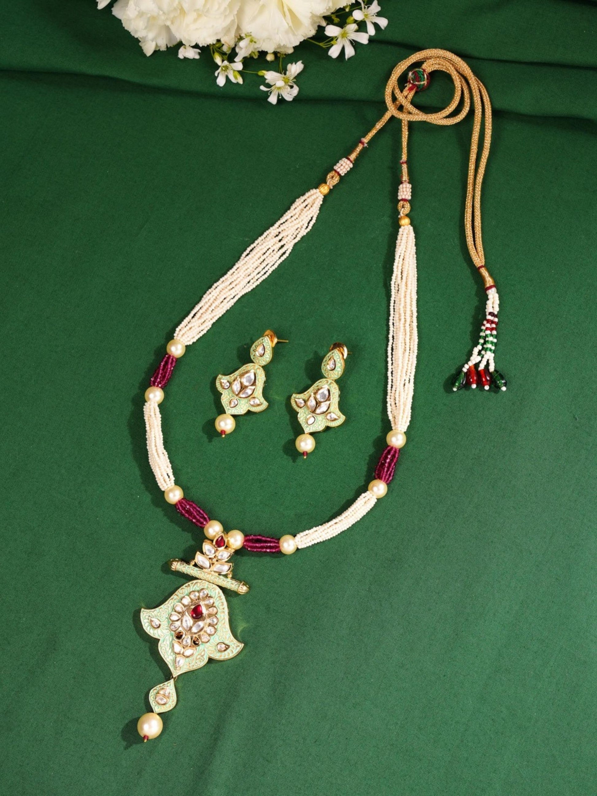 High Quality Traditional Kundan Necklace Set with white beads and intricate pendant by Abdesignsjewellery