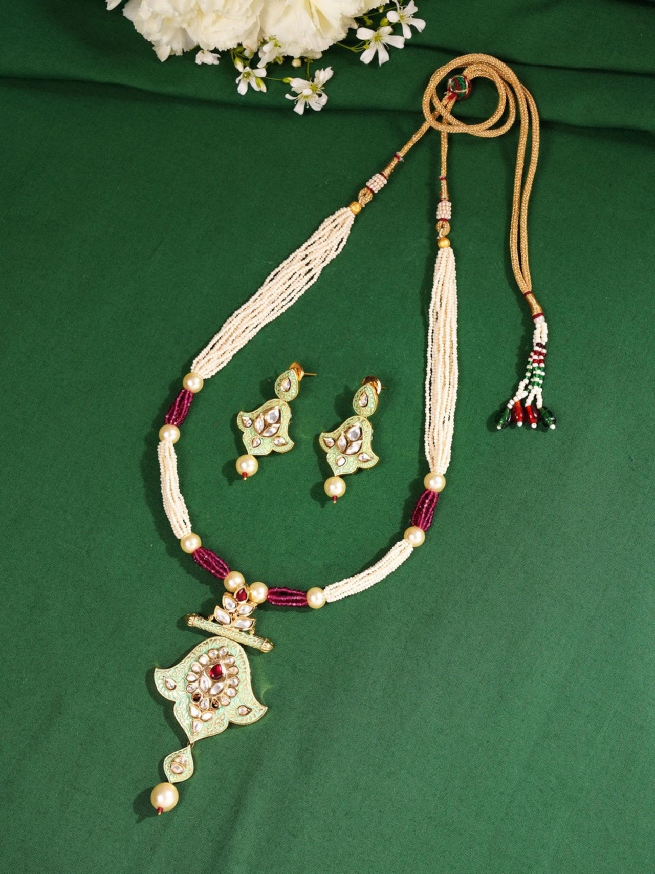 High Quality Traditional Kundan Necklace Set with white beads and intricate pendant by Abdesignsjewellery