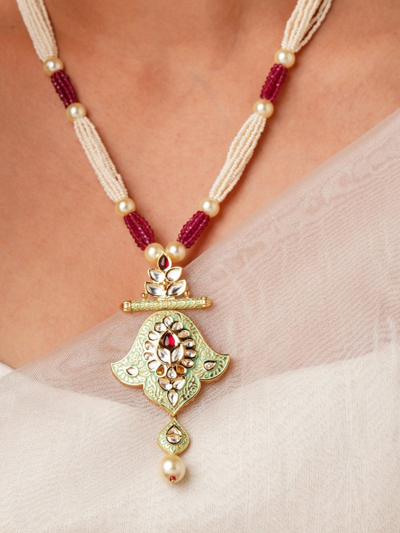 High Quality Traditional Kundan Necklace Set with intricate gold pendant and pearl bead strings