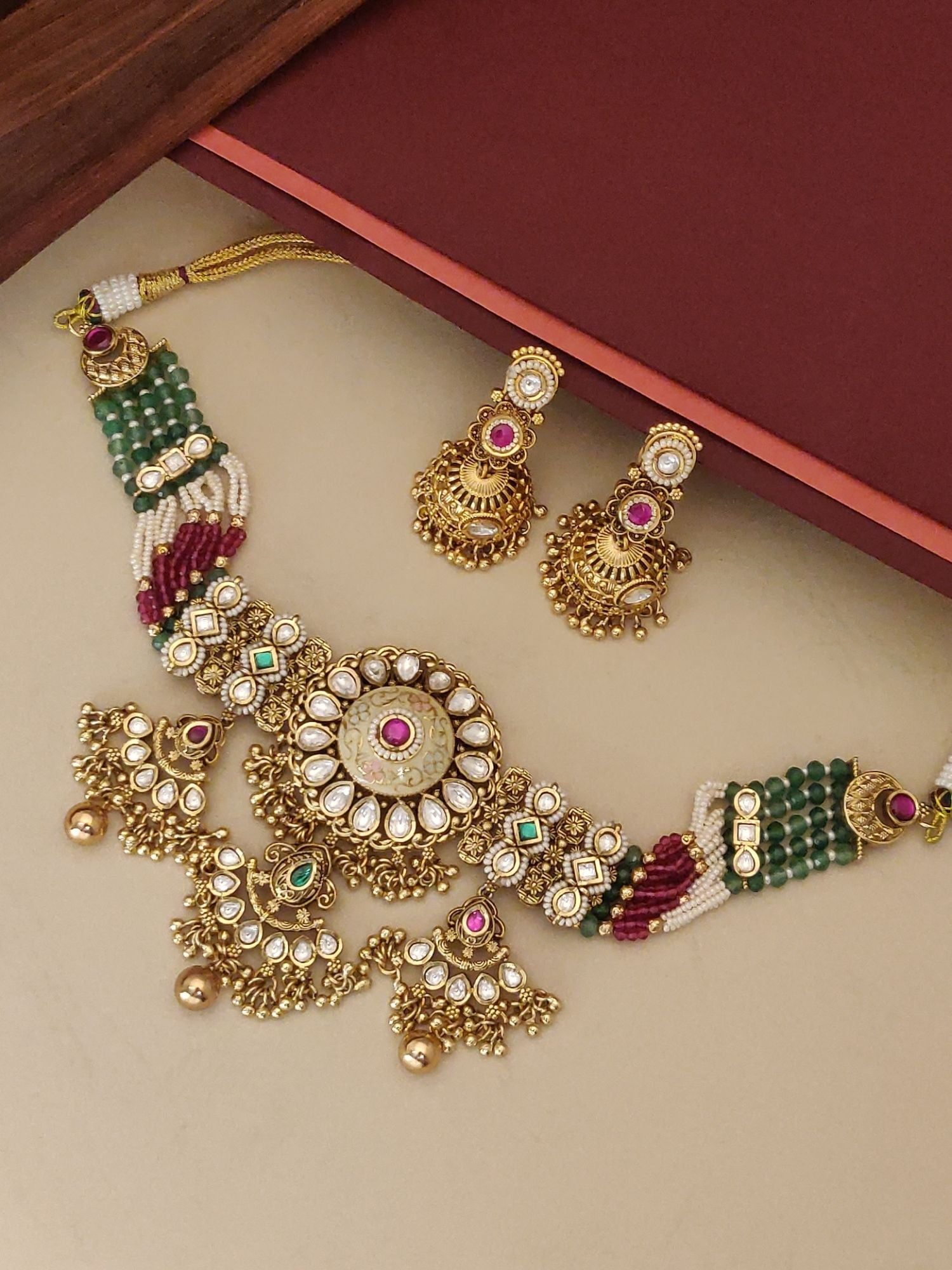 Kundan Gold Plated Necklace Set with Earrings featuring Intricate Design and Colorful Stones